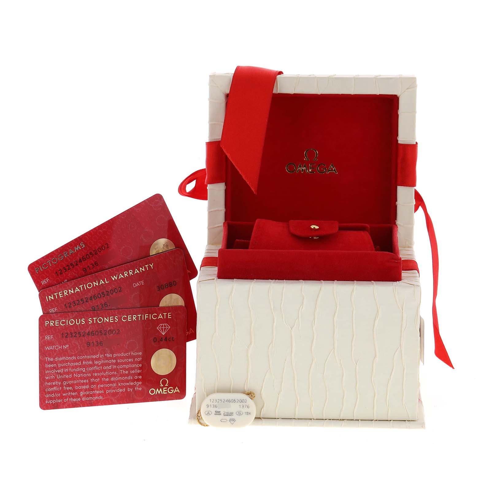 The image shows the box and cards of an Omega 123.25.24.60.52.002 Women's Steel and Gold (two tone) Silver Dial 123.25.24.60.52.002 Women's Steel and Gold (two tone) Silver Dial Constellation Steel Yellow Gold Diamond Ladies Watch model 123.25.24.60.52.002.