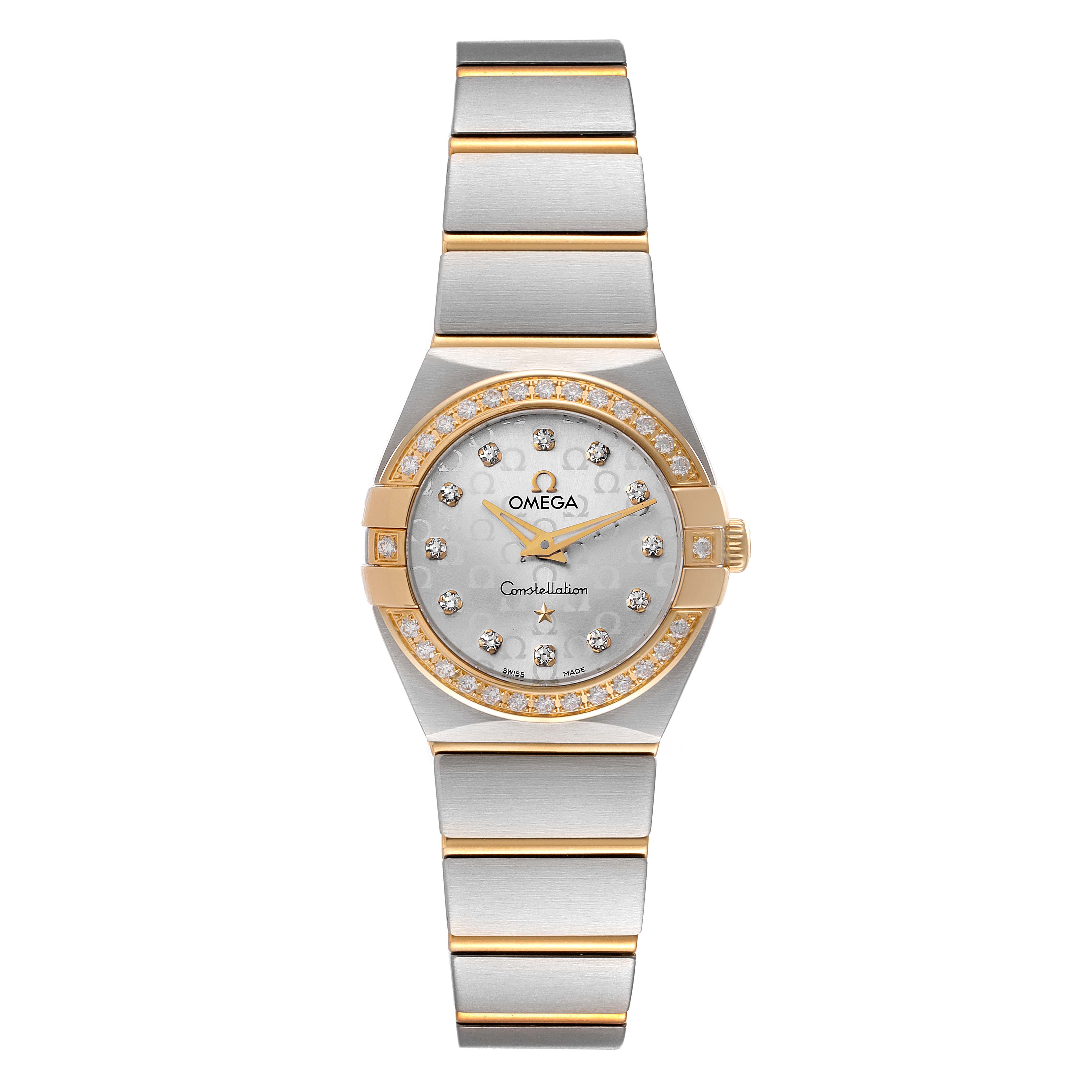 The image shows a front view of the Omega 123.25.24.60.52.002 Women's Steel and Gold (two tone) Silver Dial 123.25.24.60.52.002 Women's Steel and Gold (two tone) Silver Dial Constellation Steel Yellow Gold Diamond Ladies Watch 123.25.24.60.52.002.
