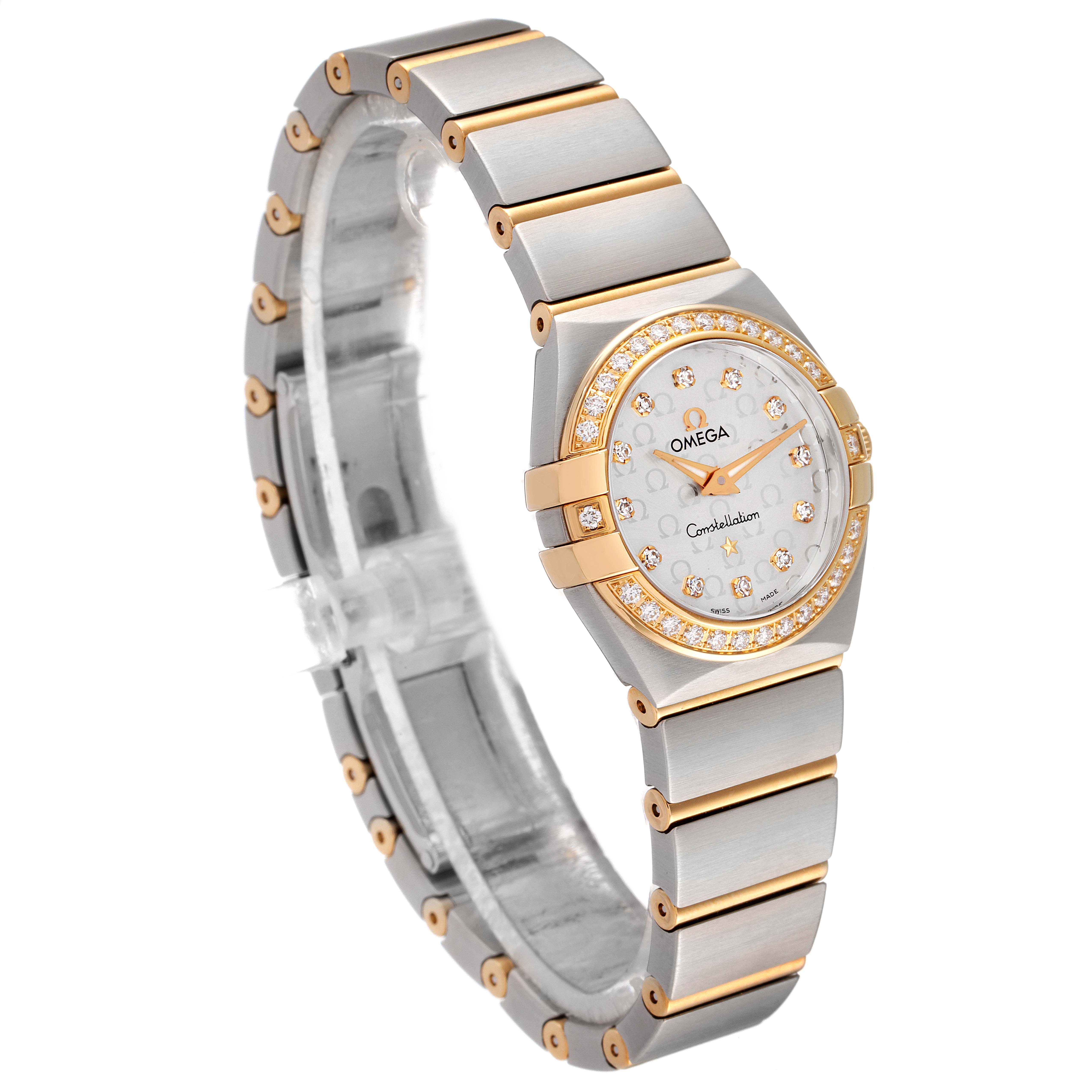 This Omega 123.25.24.60.52.002 Women's Steel and Gold (two tone) Silver Dial 123.25.24.60.52.002 Women's Steel and Gold (two tone) Silver Dial Constellation Steel Yellow Gold Diamond Ladies Watch model 123.25.24.60.52.002 is shown from an angle showcasing the bracelet and face.