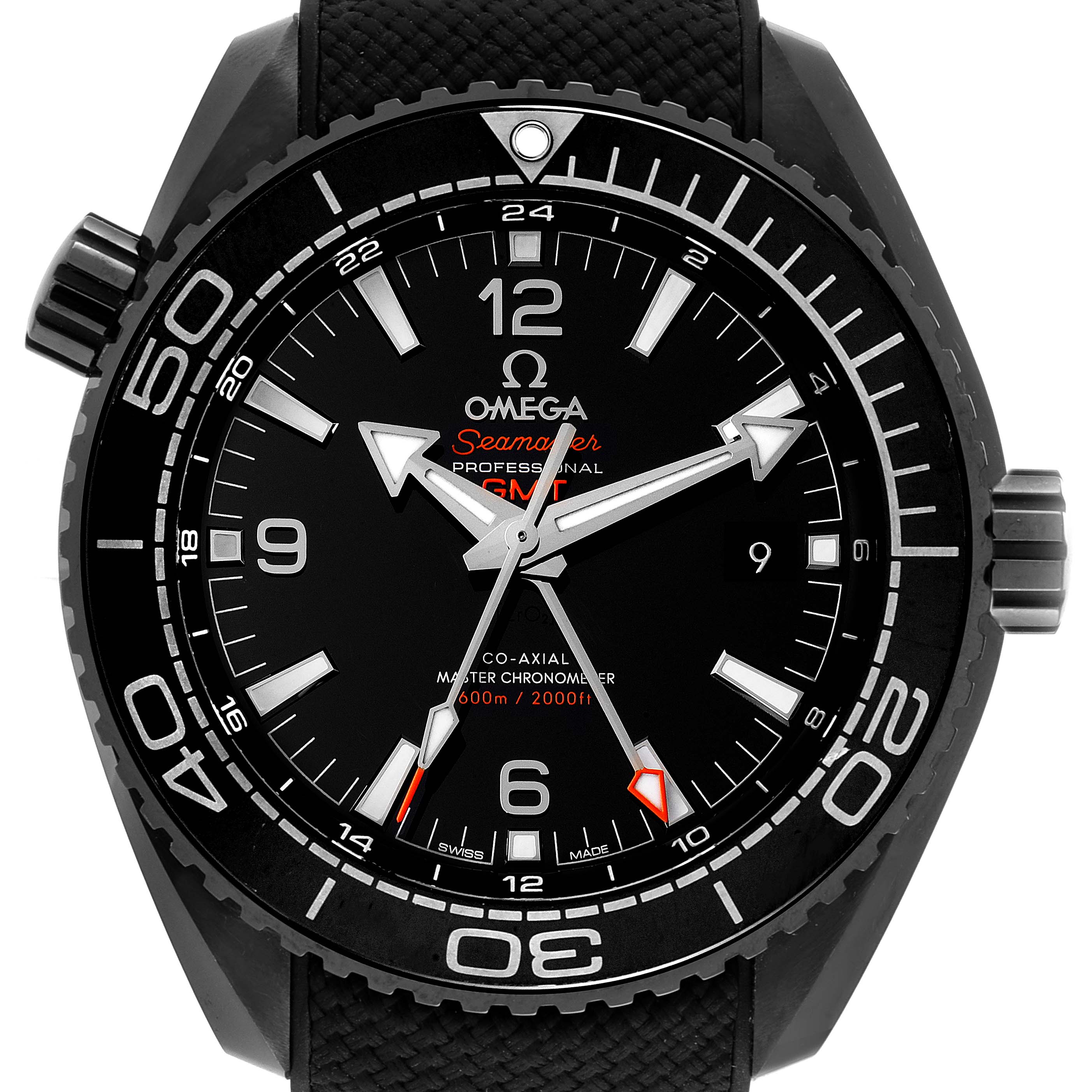 This is a front view of the Omega Planet Ocean 215.92.46.22.01.001 Men's Ceramic Black Dial 215.92.46.22.01.001 Men's Ceramic Black Dial model watch, showcasing the entire dial, bezel, and strap.
