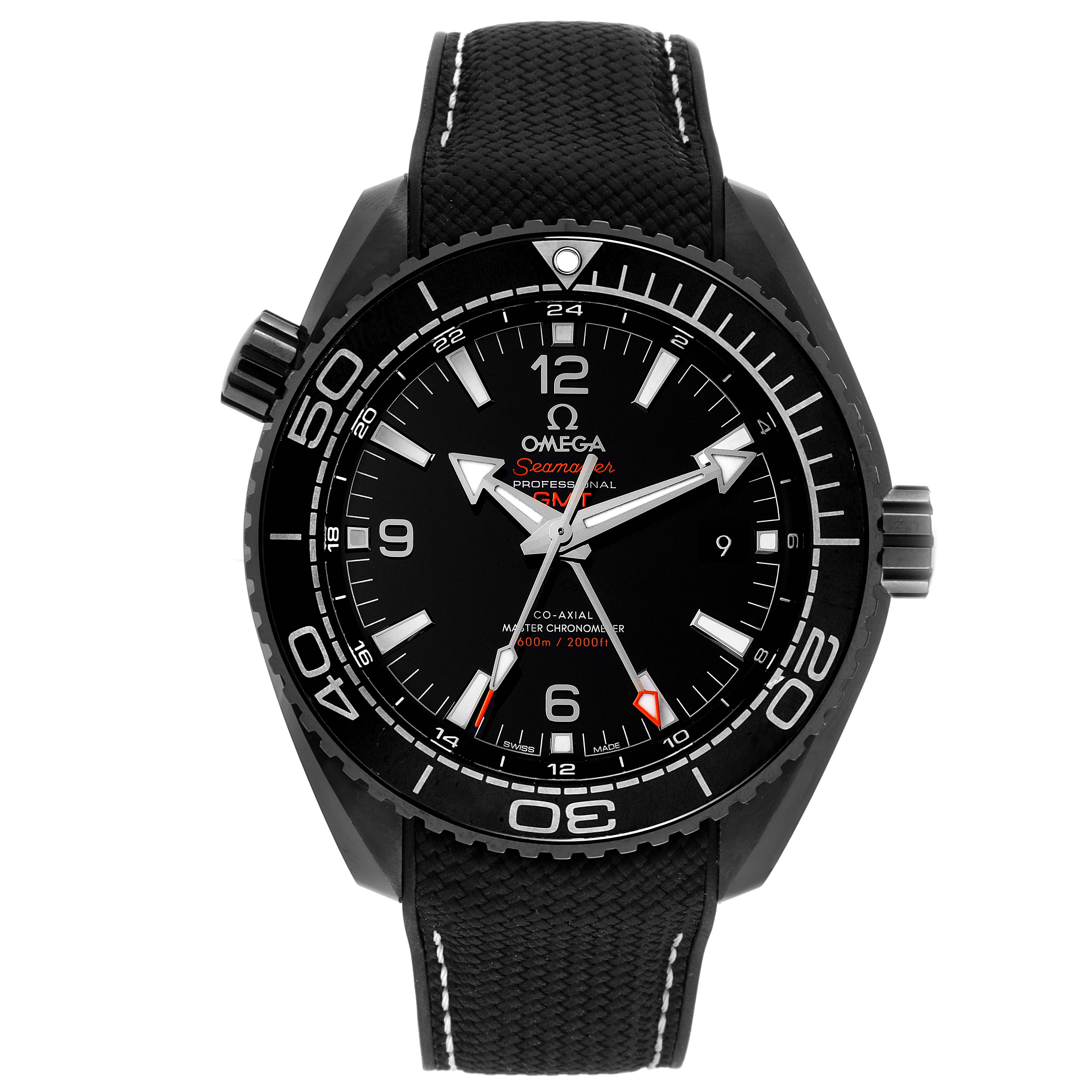 The Omega Planet Ocean 215.92.46.22.01.001 Men's Ceramic Black Dial 215.92.46.22.01.001 Men's Ceramic Black Dial watch is shown from the front, displaying its black dial, bezel, and strap.