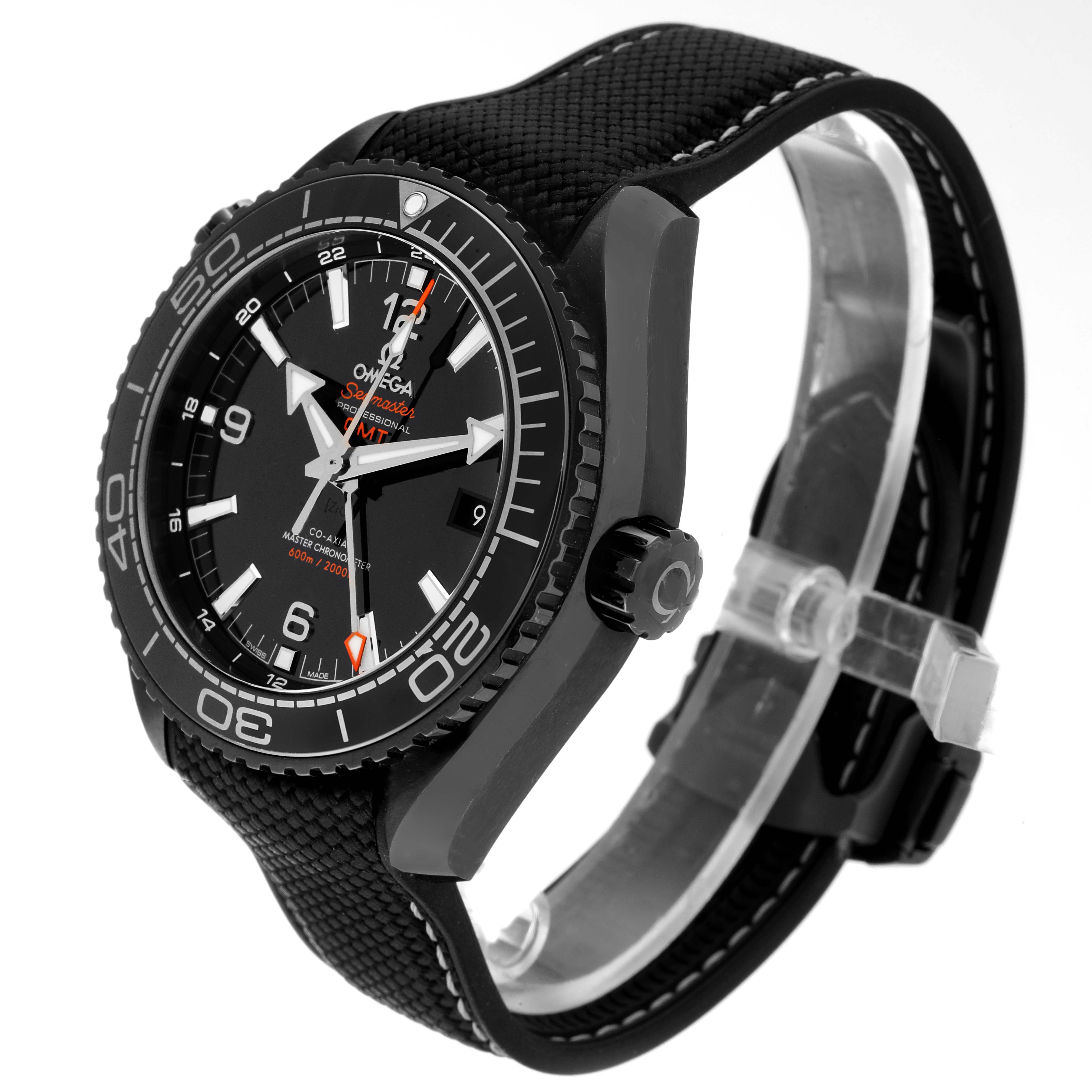 The Omega Planet Ocean 215.92.46.22.01.001 Men's Ceramic Black Dial 215.92.46.22.01.001 Men's Ceramic Black Dial watch is shown at a three-quarter angle, highlighting the face, bezel, crown, and strap.