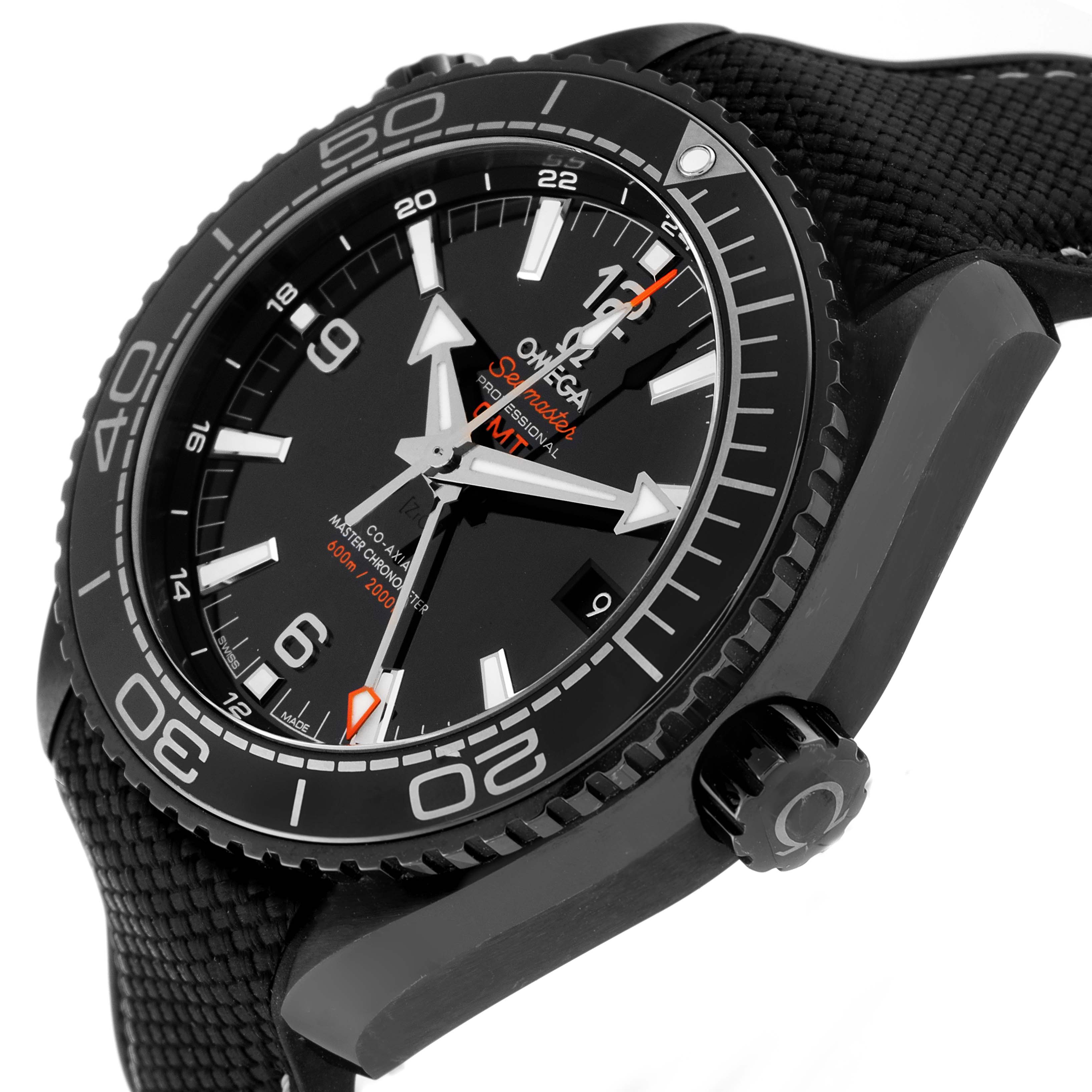 The image shows the Omega Planet Ocean 215.92.46.22.01.001 Men's Ceramic Black Dial 215.92.46.22.01.001 Men's Ceramic Black Dial watch from a slight side angle, highlighting the bezel, face, and crown.