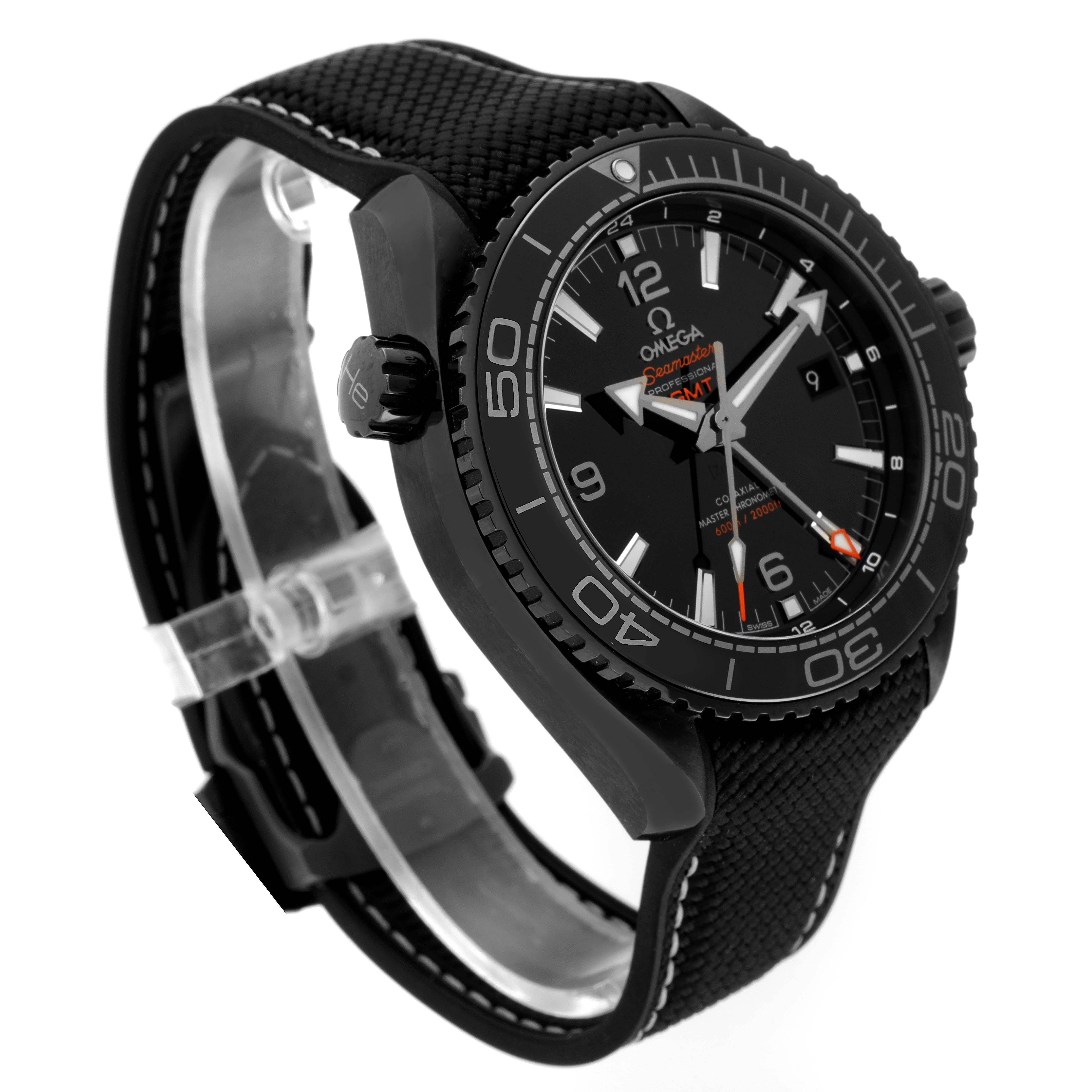 The Omega Planet Ocean 215.92.46.22.01.001 Men's Ceramic Black Dial 215.92.46.22.01.001 Men's Ceramic Black Dial watch is shown at a three-quarter angle, featuring the face, bezel, crown, and strap.