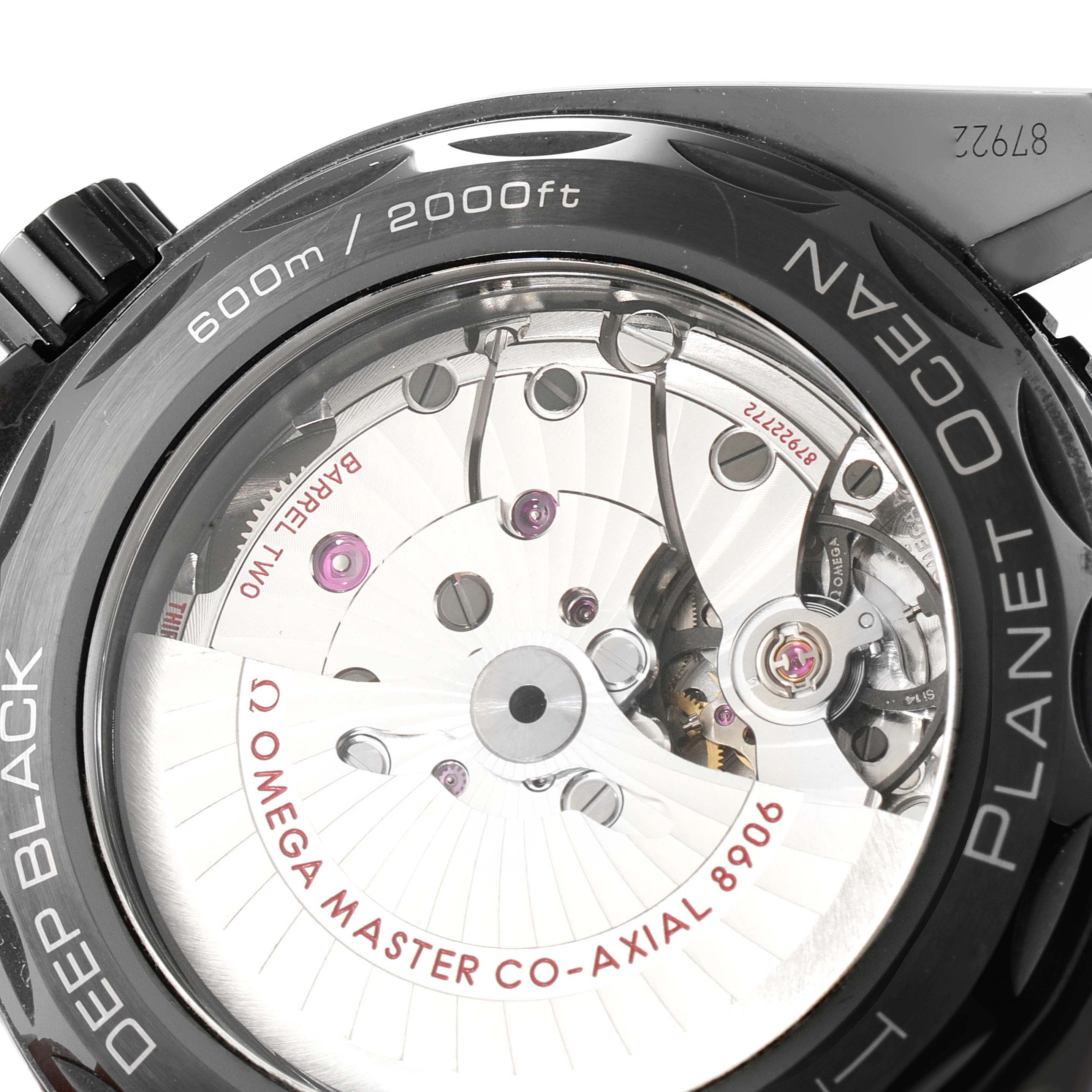The image shows the back of the Omega Planet Ocean 215.92.46.22.01.001 Men's Ceramic Black Dial 215.92.46.22.01.001 Men's Ceramic Black Dial watch, highlighting its movement and depth rating.