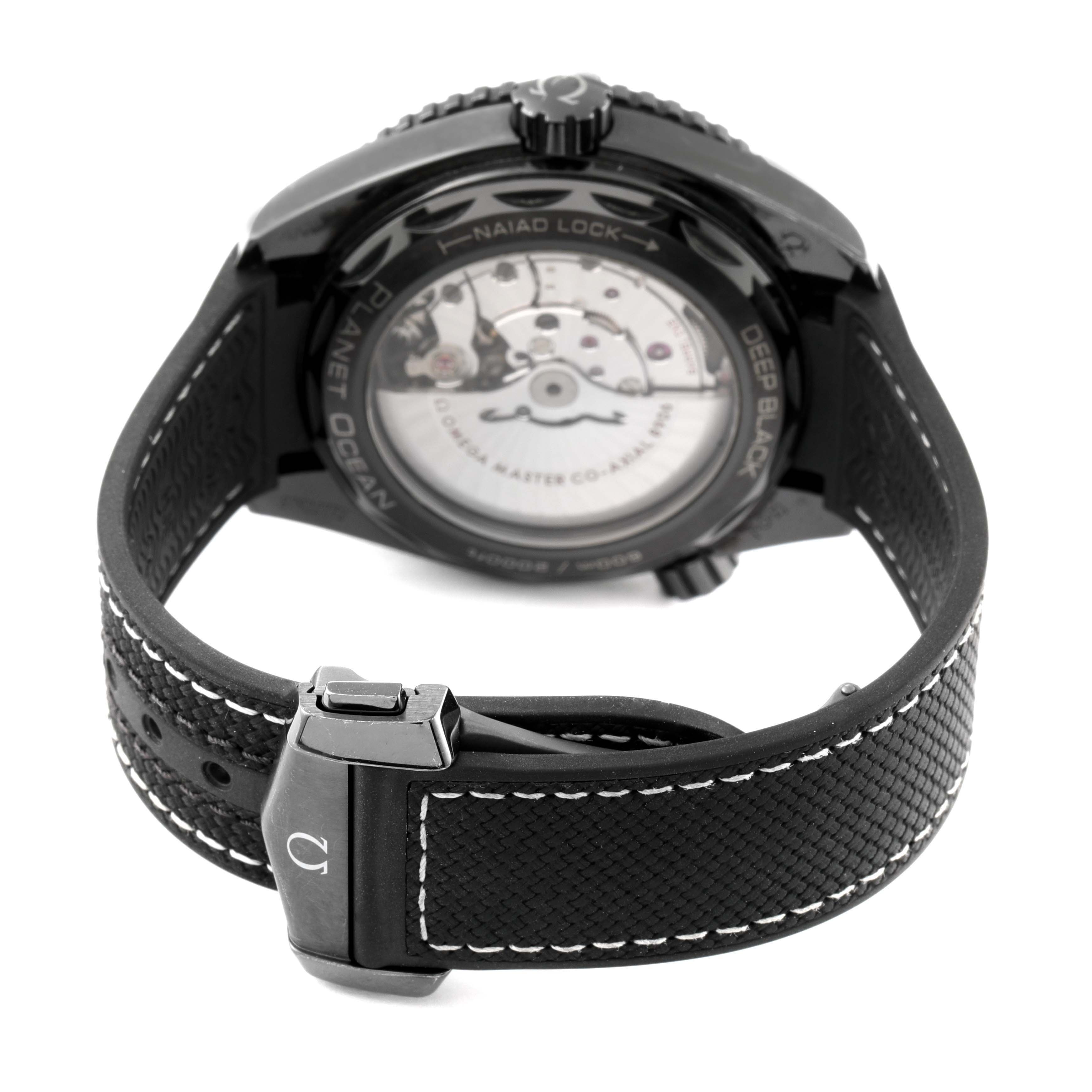The image shows the back view of an Omega Planet Ocean 215.92.46.22.01.001 Men's Ceramic Black Dial 215.92.46.22.01.001 Men's Ceramic Black Dial watch, highlighting its open case back and strap clasp.