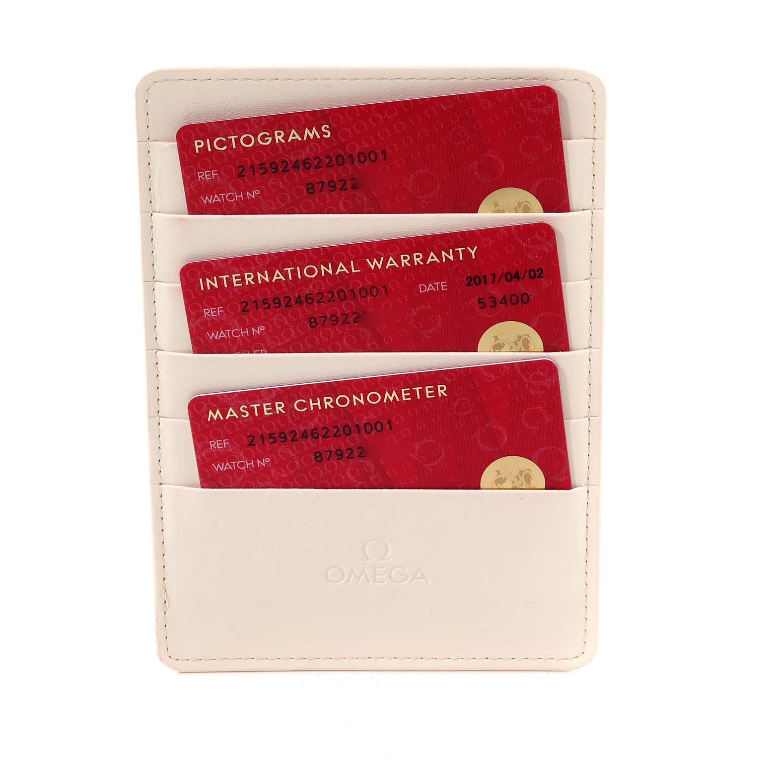 The image shows the warranty cards and certifications for an Omega Planet Ocean 215.92.46.22.01.001 Men's Ceramic Black Dial 215.92.46.22.01.001 Men's Ceramic Black Dial watch in a cardholder.