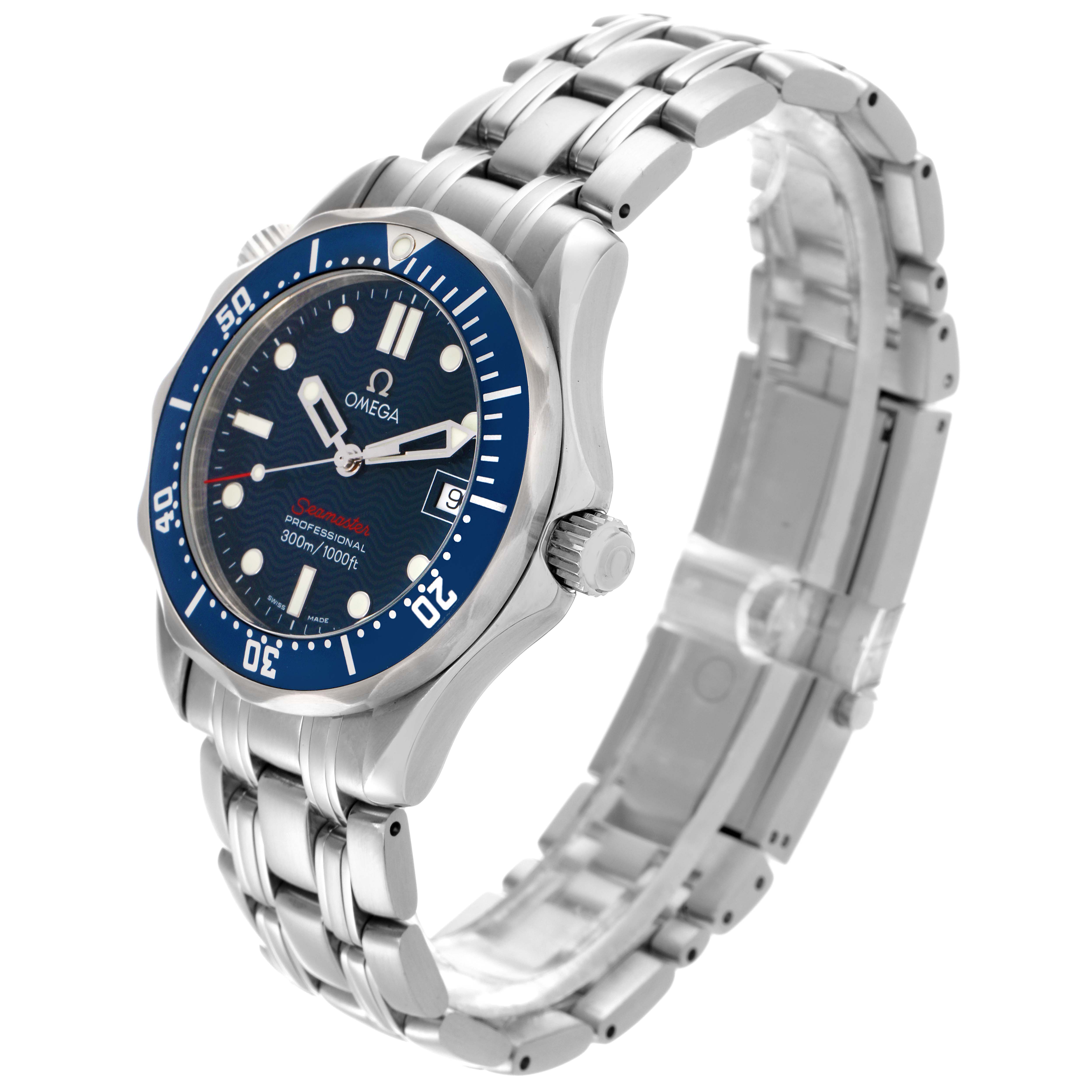 The Omega Seamaster 2223.80.00 Men
s Stainless Steel Blue Dial 2223.80.00 Men
s Stainless Steel Blue Dial watch is shown at a three-quarter angle, displaying the face, bezel, crown, and metal bracelet.
