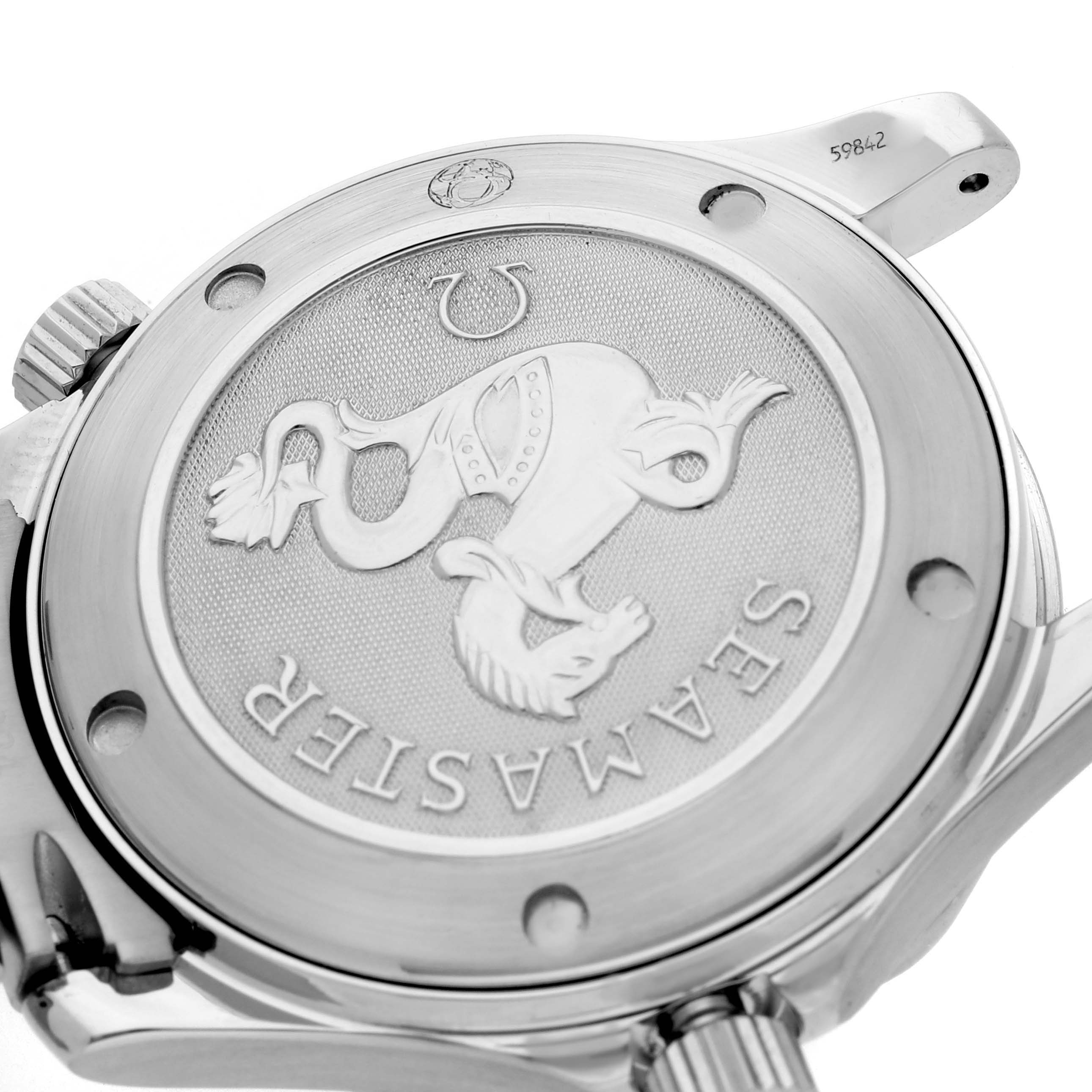 The image shows the case back of an Omega Seamaster 2223.80.00 Men
s Stainless Steel Blue Dial 2223.80.00 Men
s Stainless Steel Blue Dial watch, angled to highlight the engraved medallion.