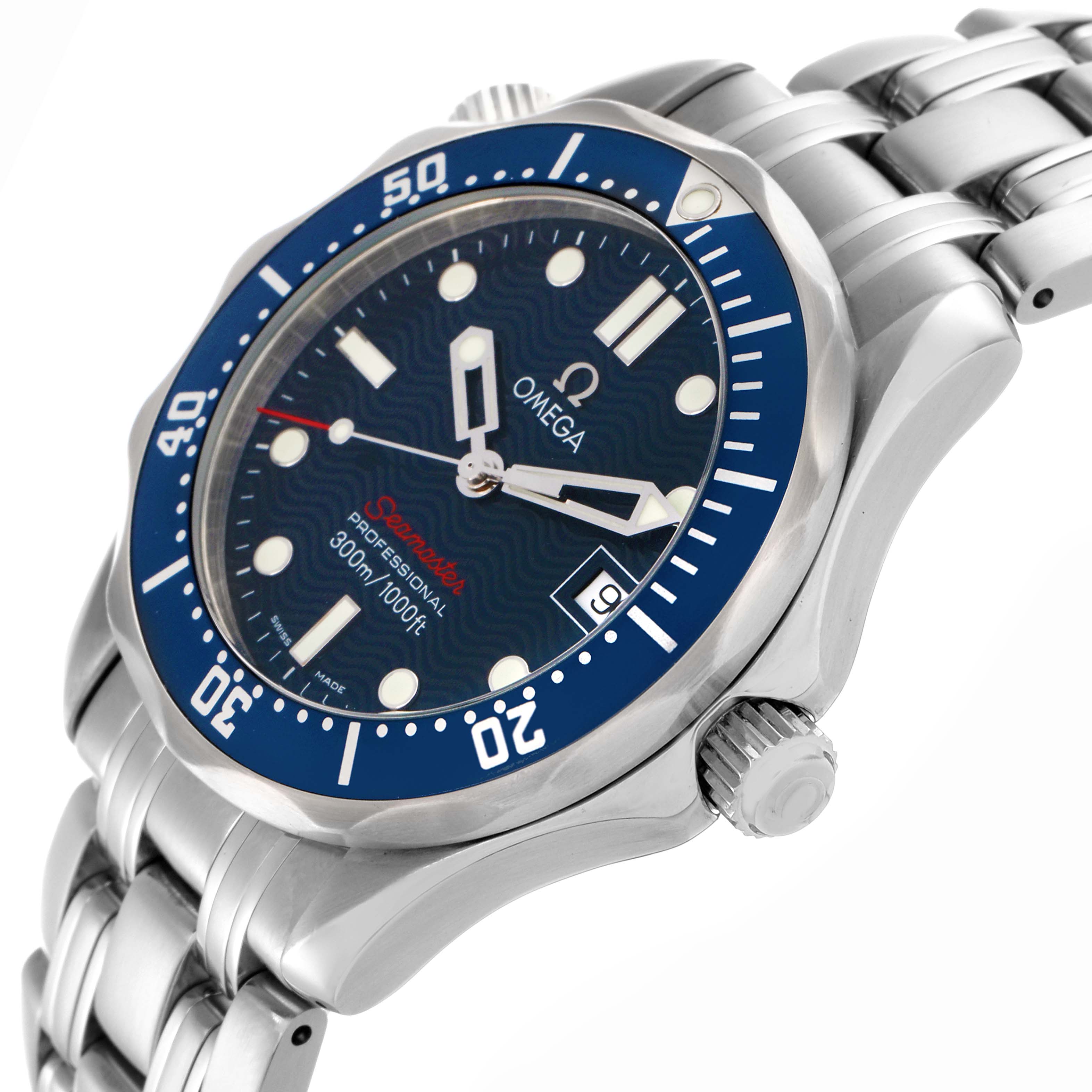The Omega Seamaster 2223.80.00 Men
s Stainless Steel Blue Dial 2223.80.00 Men
s Stainless Steel Blue Dial watch is shown at a three-quarter angle, displaying its blue bezel, dial, bracelet, and crown.