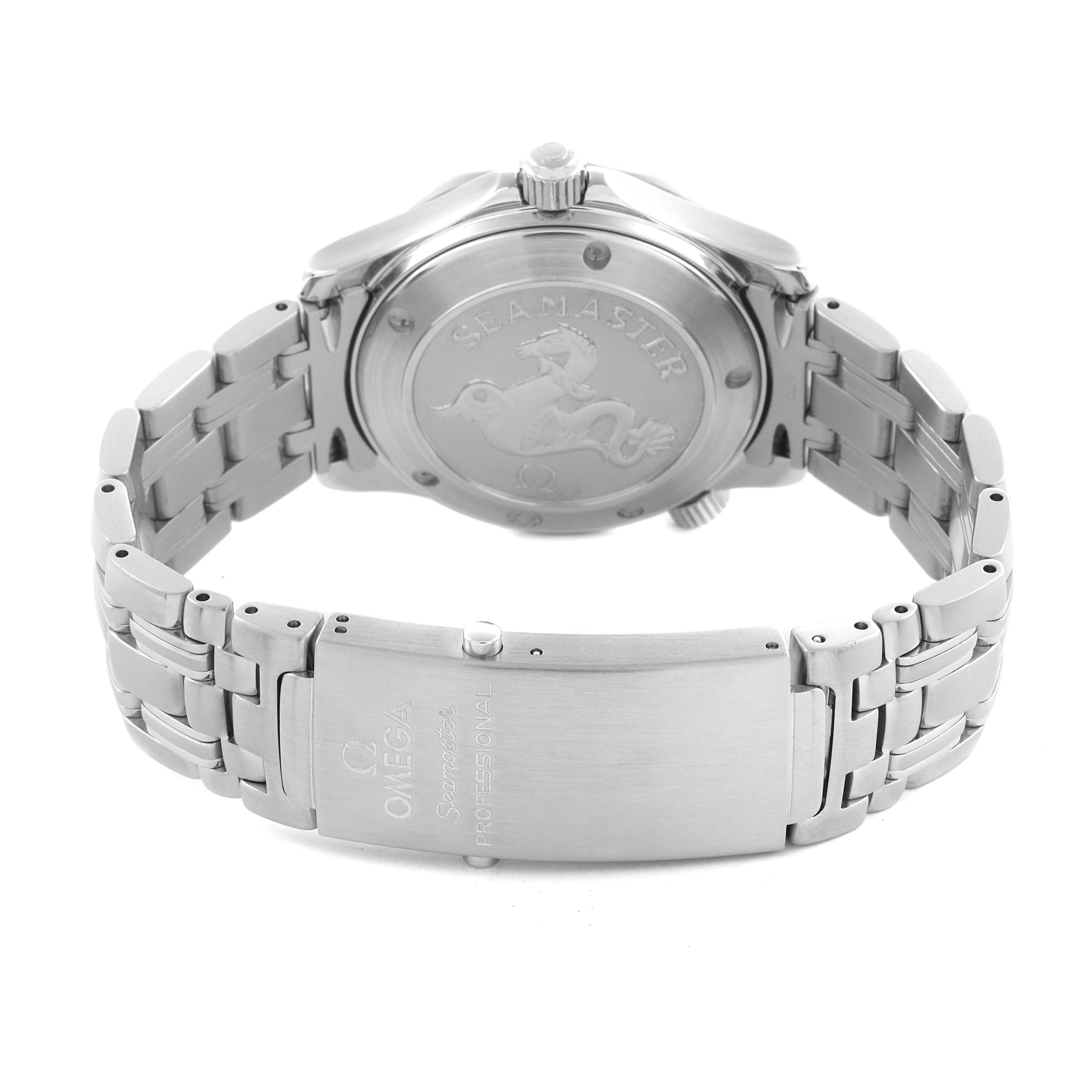 The Omega Seamaster 2223.80.00 Men
s Stainless Steel Blue Dial 2223.80.00 Men
s Stainless Steel Blue Dial watch is shown from the back, highlighting the case back and metal bracelet clasp.