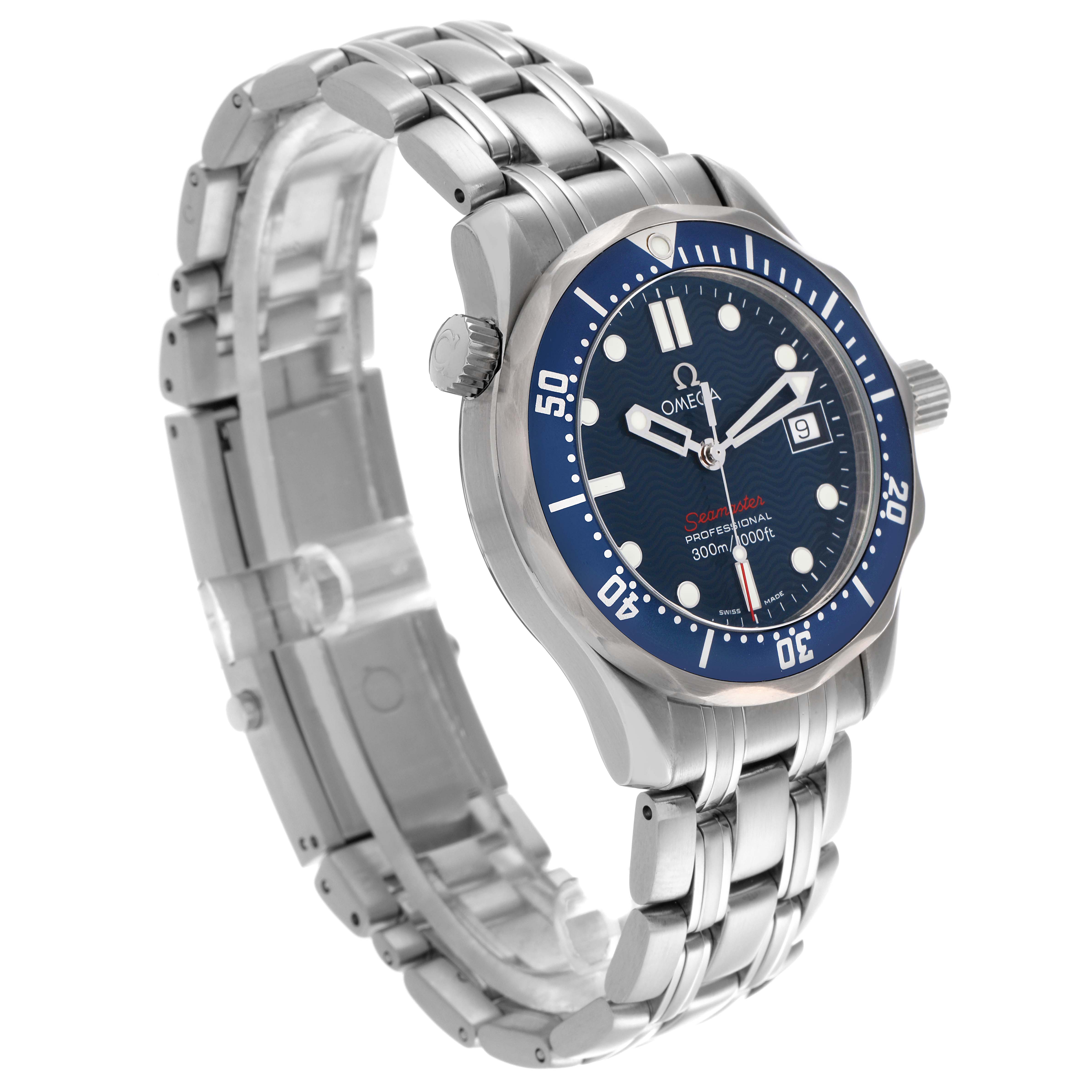 The Omega Seamaster 2223.80.00 Men
s Stainless Steel Blue Dial 2223.80.00 Men
s Stainless Steel Blue Dial watch is shown at a three-quarter angle, displaying the face, bezel, crown, and bracelet.