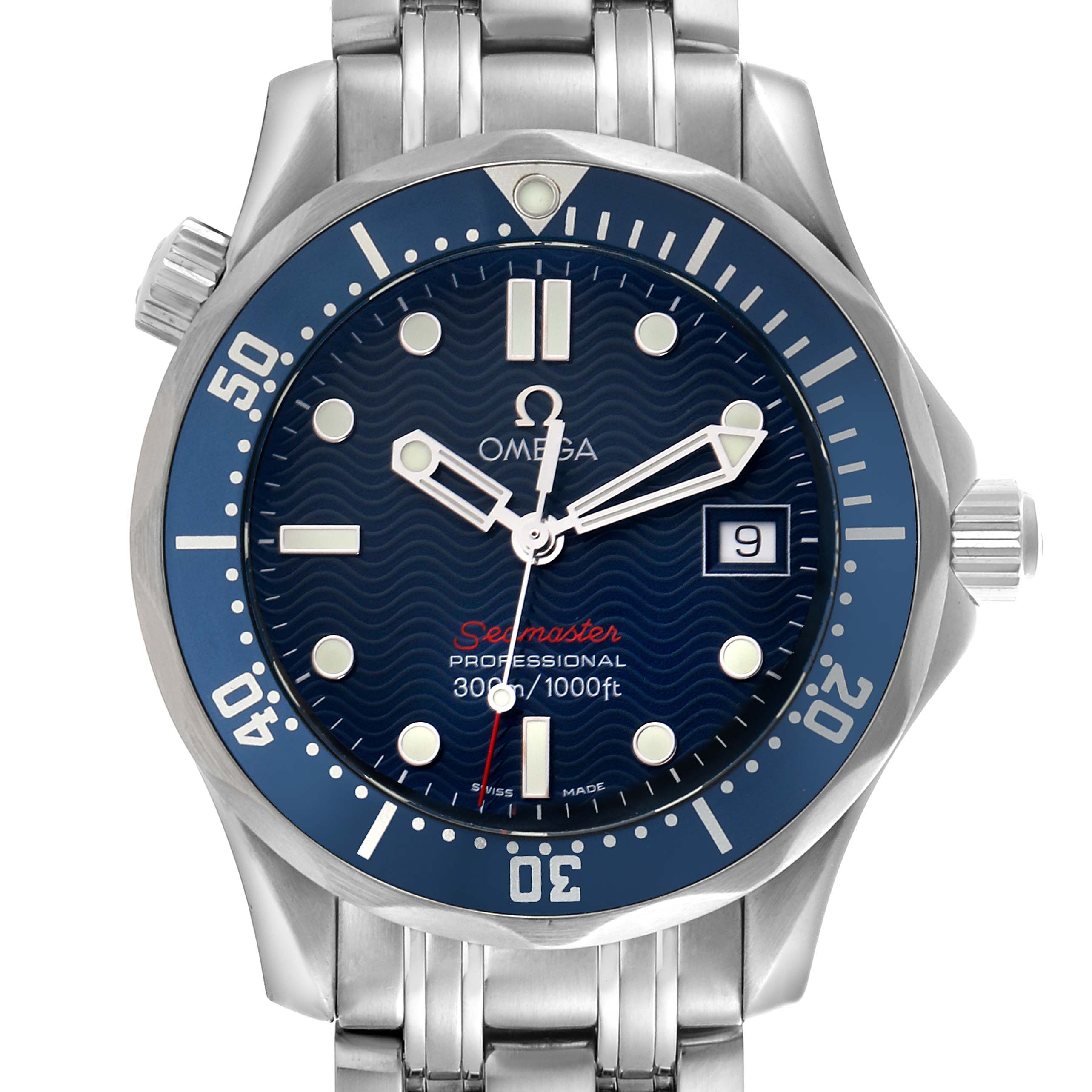 The Omega Seamaster 2223.80.00 Men
s Stainless Steel Blue Dial 2223.80.00 Men
s Stainless Steel Blue Dial watch is shown from the front, highlighting the face, bezel, and metal bracelet.