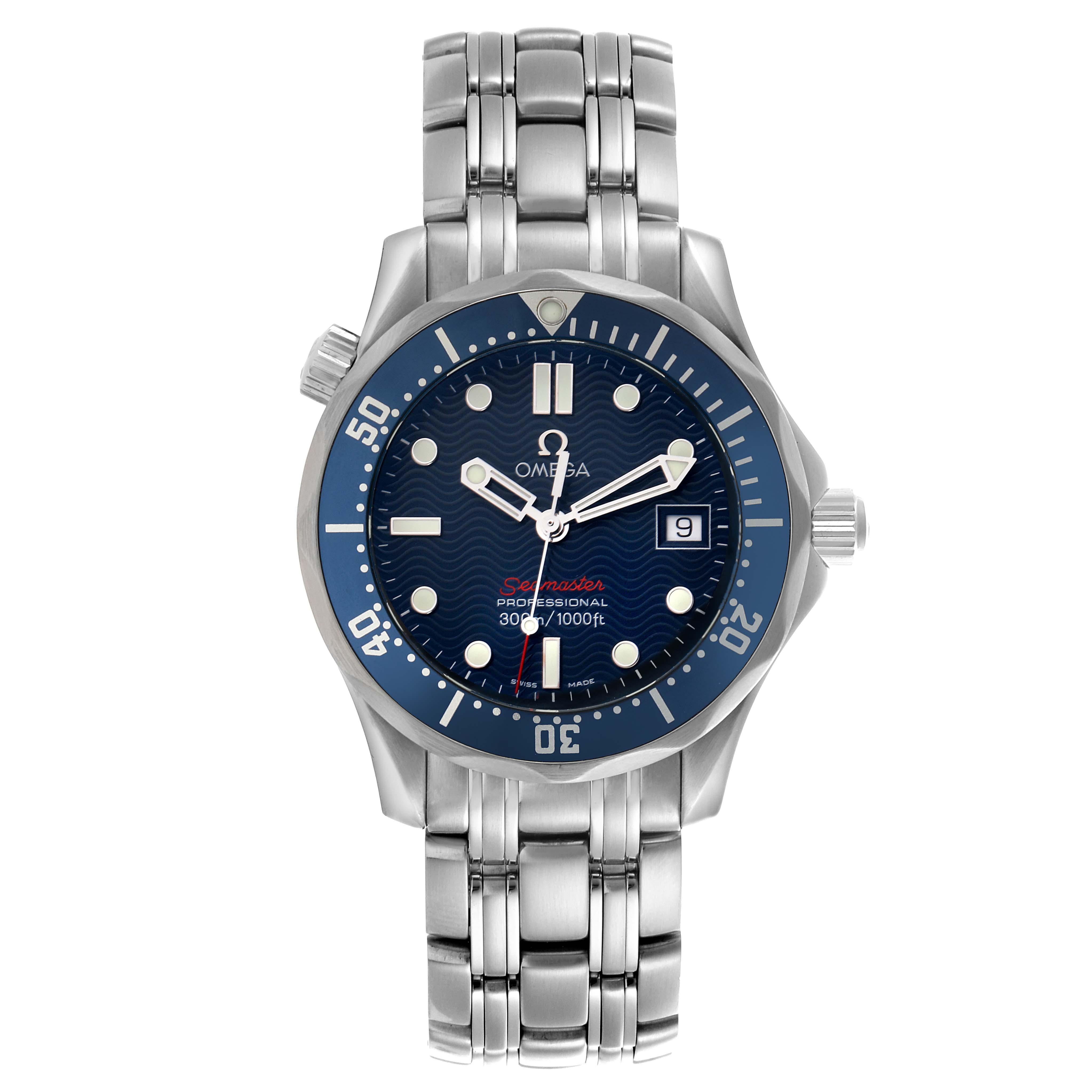 The Omega Seamaster 2223.80.00 Men
s Stainless Steel Blue Dial 2223.80.00 Men
s Stainless Steel Blue Dial model is shown from a front angle, displaying the watch face, bezel, and bracelet.