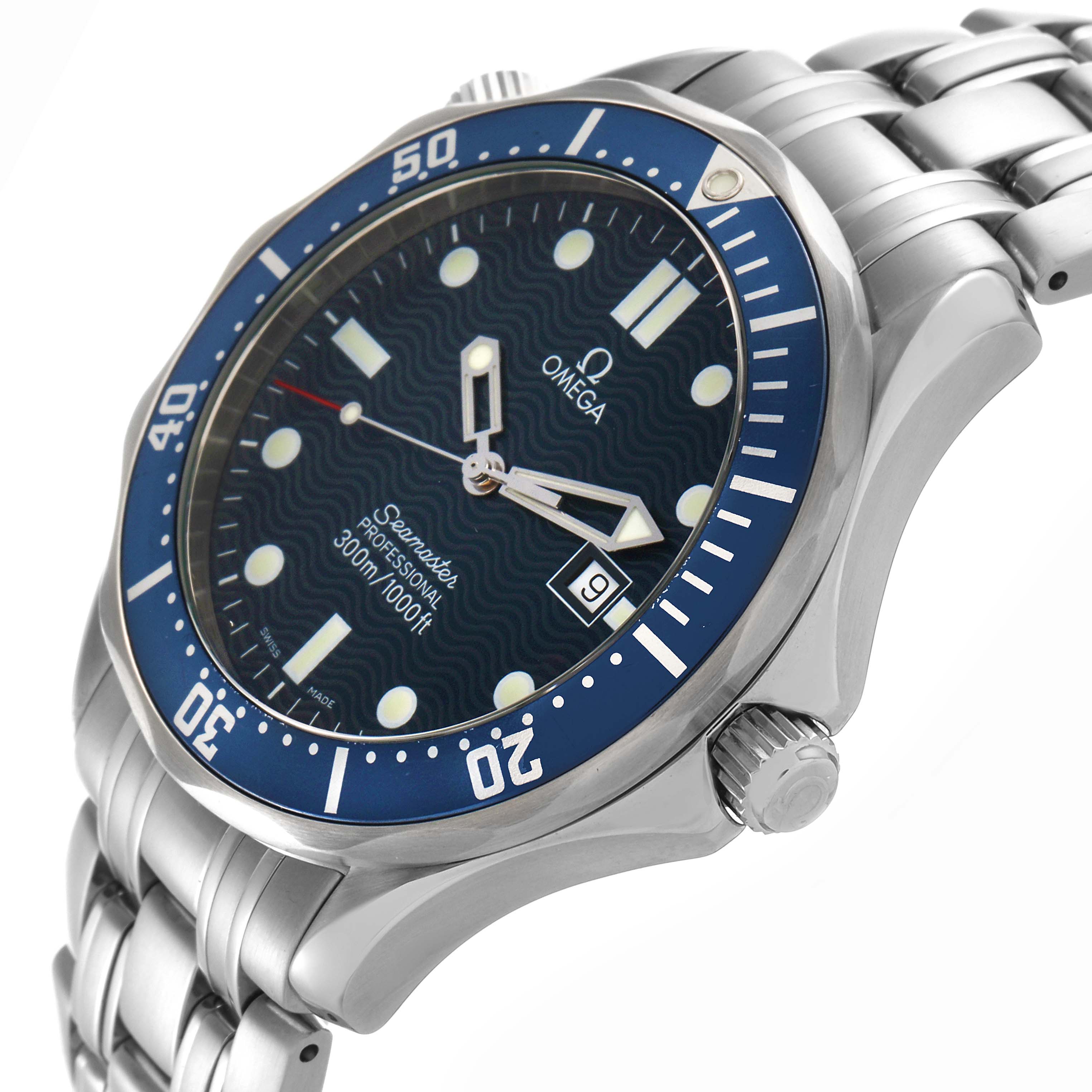 The Omega Seamaster 2541.80.00 Men
s Stainless Steel Blue Dial 2541.80.00 Men
s Stainless Steel Blue Dial watch is shown at an angled side view, highlighting the bezel, dial, crown, and part of the bracelet.