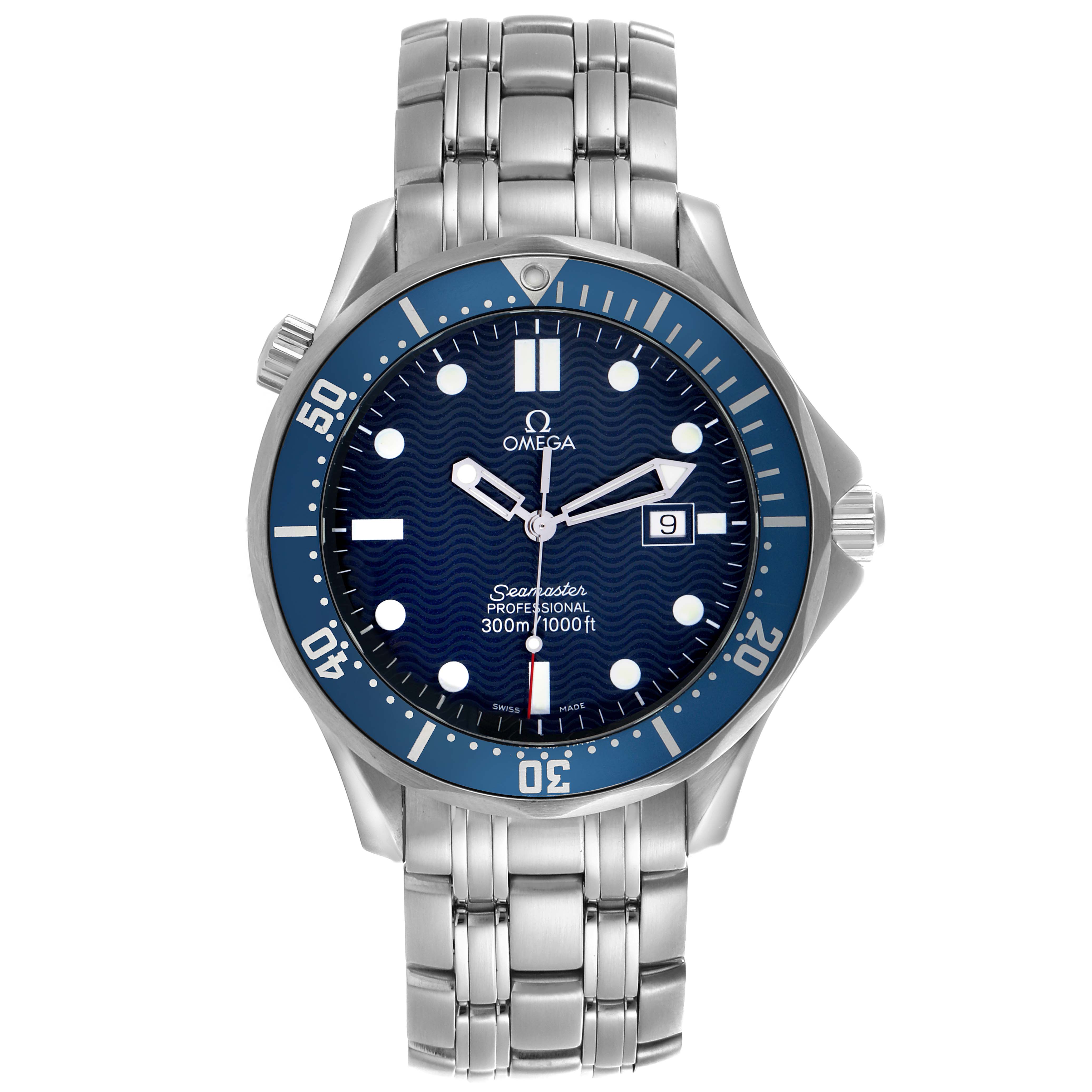 The Omega Seamaster 2541.80.00 Men
s Stainless Steel Blue Dial 2541.80.00 Men
s Stainless Steel Blue Dial watch is shown from a front angle, displaying its dial, bezel, bracelet, and case.