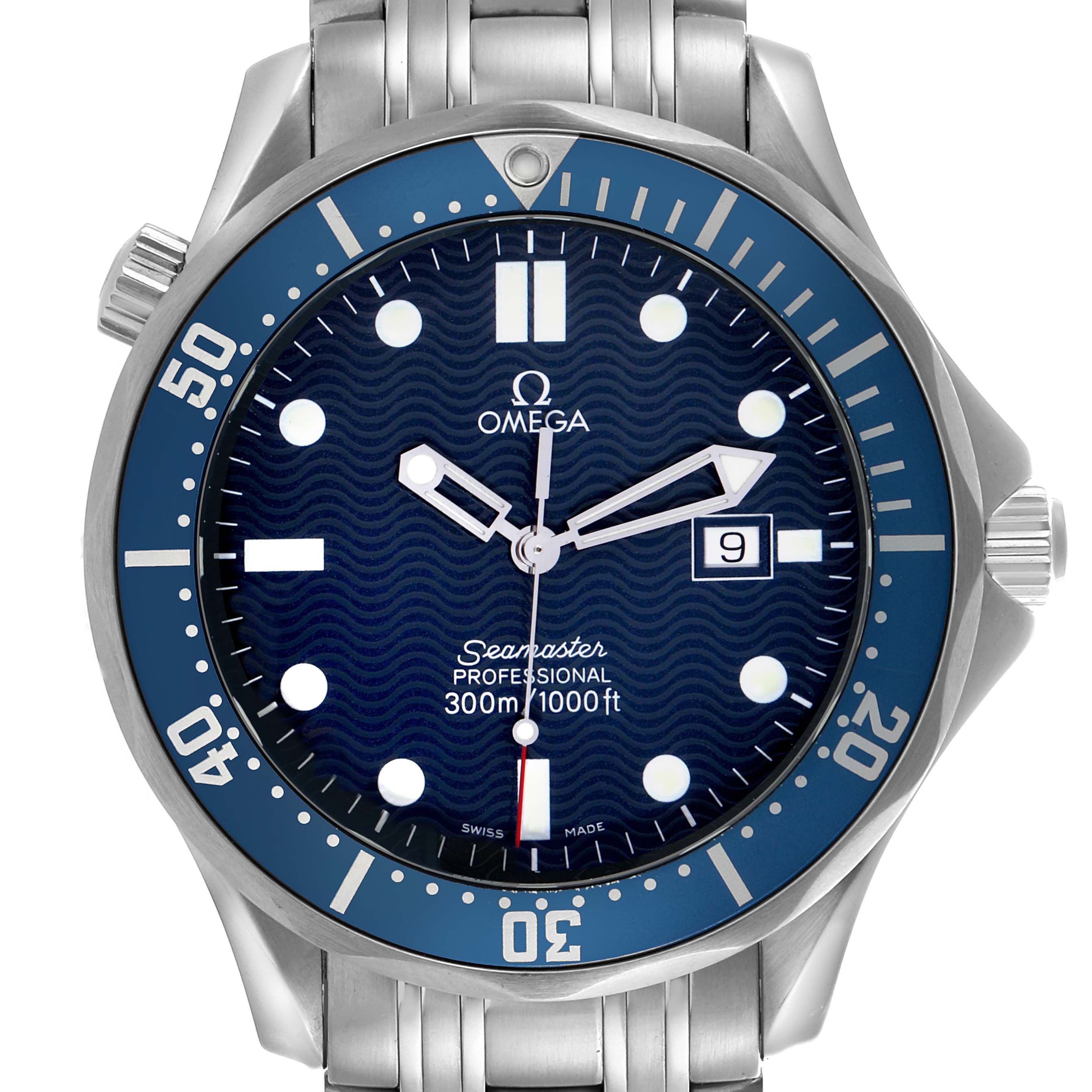 The Omega Seamaster 2541.80.00 Men
s Stainless Steel Blue Dial 2541.80.00 Men
s Stainless Steel Blue Dial watch is shown from the front, featuring a blue dial, wave pattern, date window, and steel bracelet.