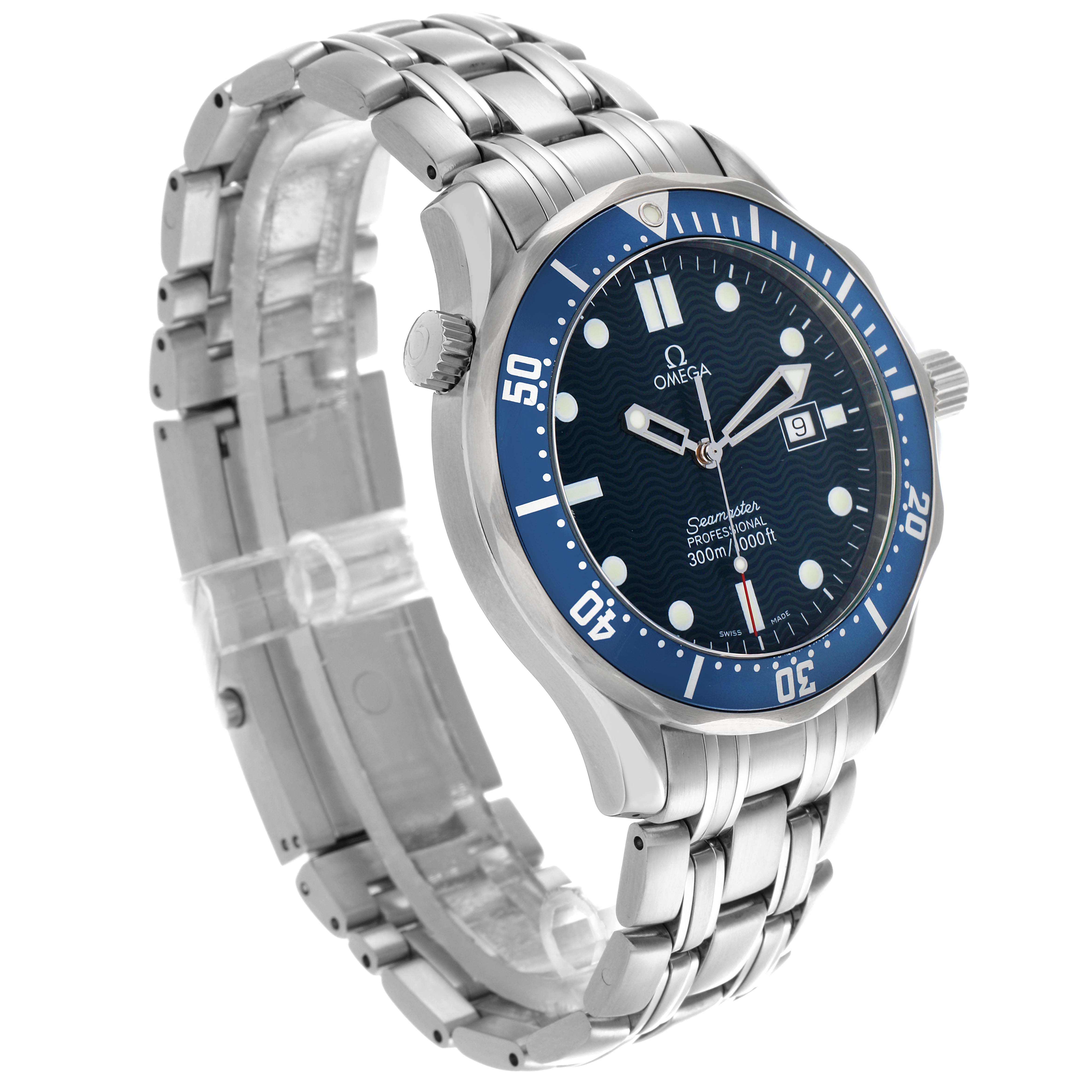 The Omega Seamaster 2541.80.00 Men
s Stainless Steel Blue Dial 2541.80.00 Men
s Stainless Steel Blue Dial watch is shown at a three-quarter angle, highlighting the dial, bezel, crown, and bracelet.