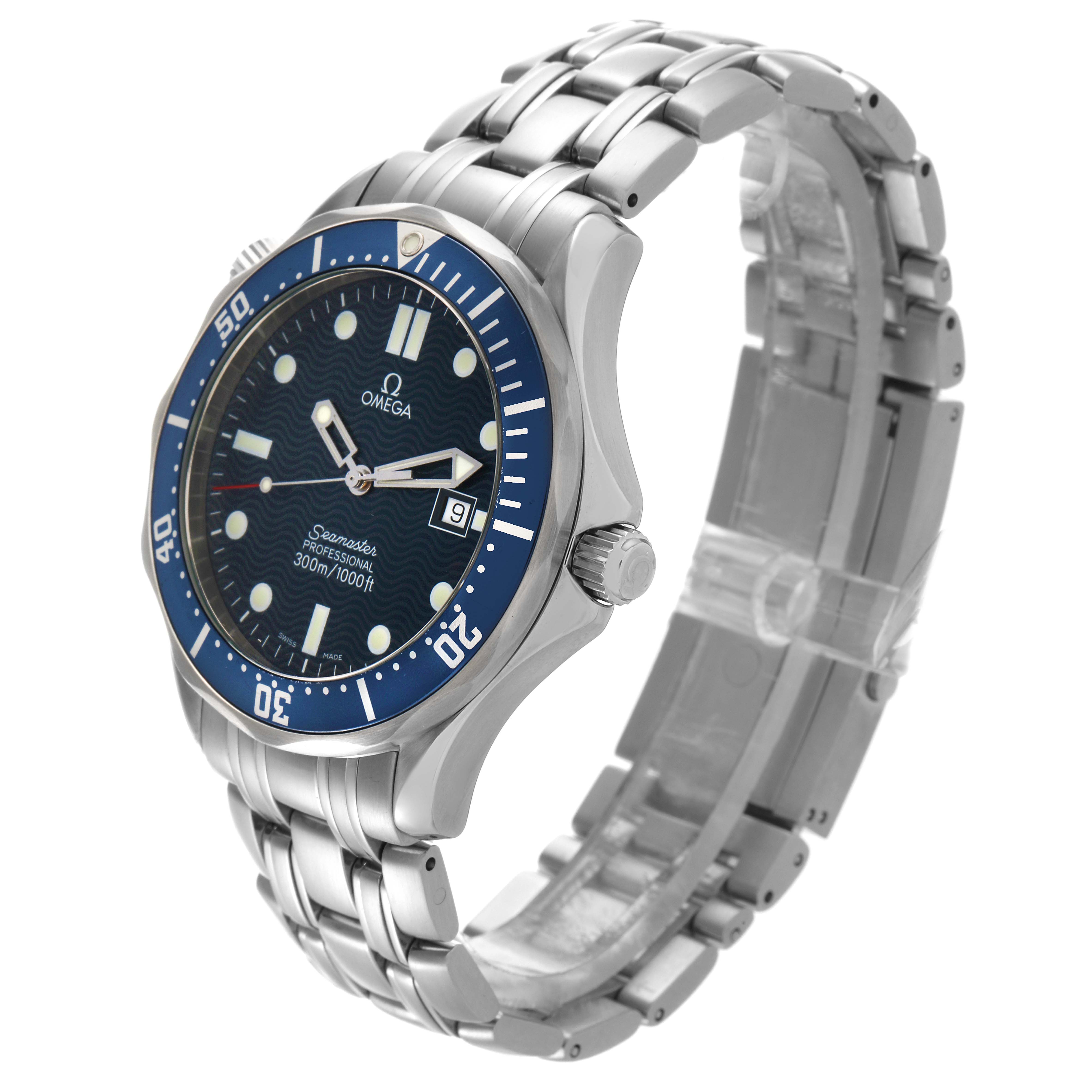 The Omega Seamaster 2541.80.00 Men
s Stainless Steel Blue Dial 2541.80.00 Men
s Stainless Steel Blue Dial is shown at a three-quarter angle, displaying the watch face, bezel, crown, and metal bracelet.