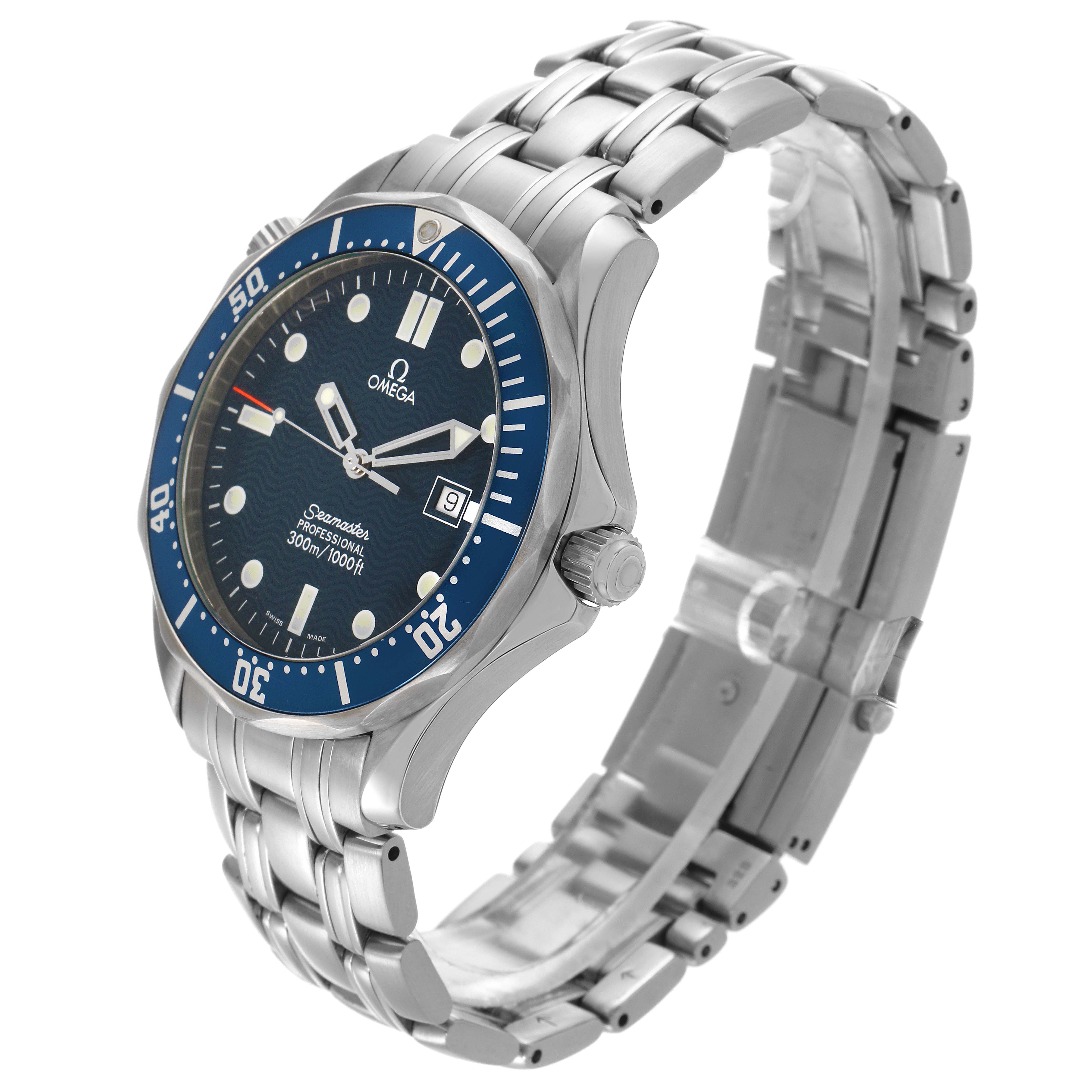 The Omega Seamaster 2541.80.00 Men's Stainless Steel Blue Dial 2541.80.00 Men's Stainless Steel Blue Dial watch is shown at a three-quarter angle, highlighting the dial, bezel, and bracelet.