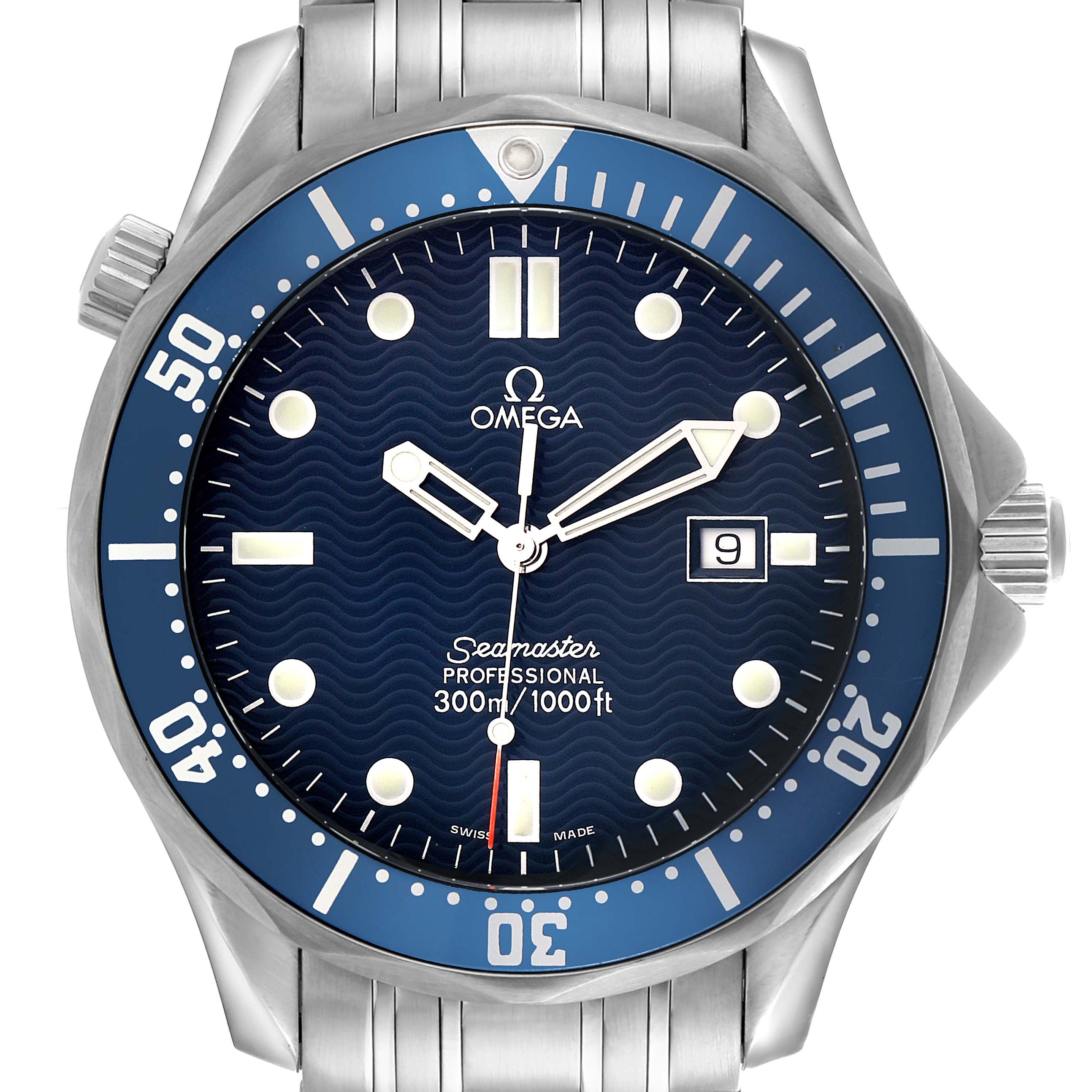 The Omega Seamaster 2541.80.00 Men's Stainless Steel Blue Dial 2541.80.00 Men's Stainless Steel Blue Dial watch is shown from the front, highlighting the bezel, face, hands, markers, crown, and bracelet.