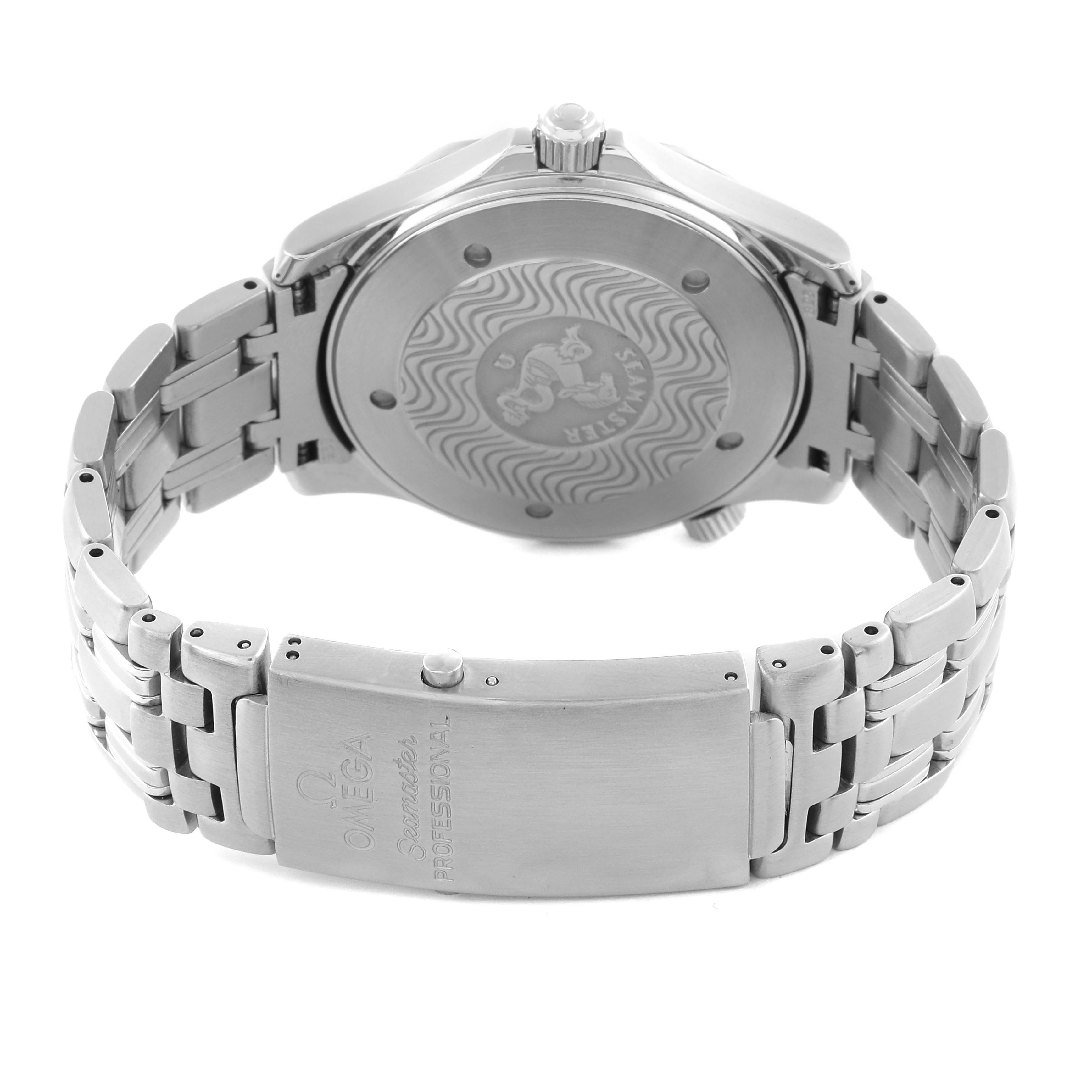 The image shows the back and clasp of an Omega Seamaster 2541.80.00 Men's Stainless Steel Blue Dial 2541.80.00 Men's Stainless Steel Blue Dial watch, highlighting the bracelet and case back design.