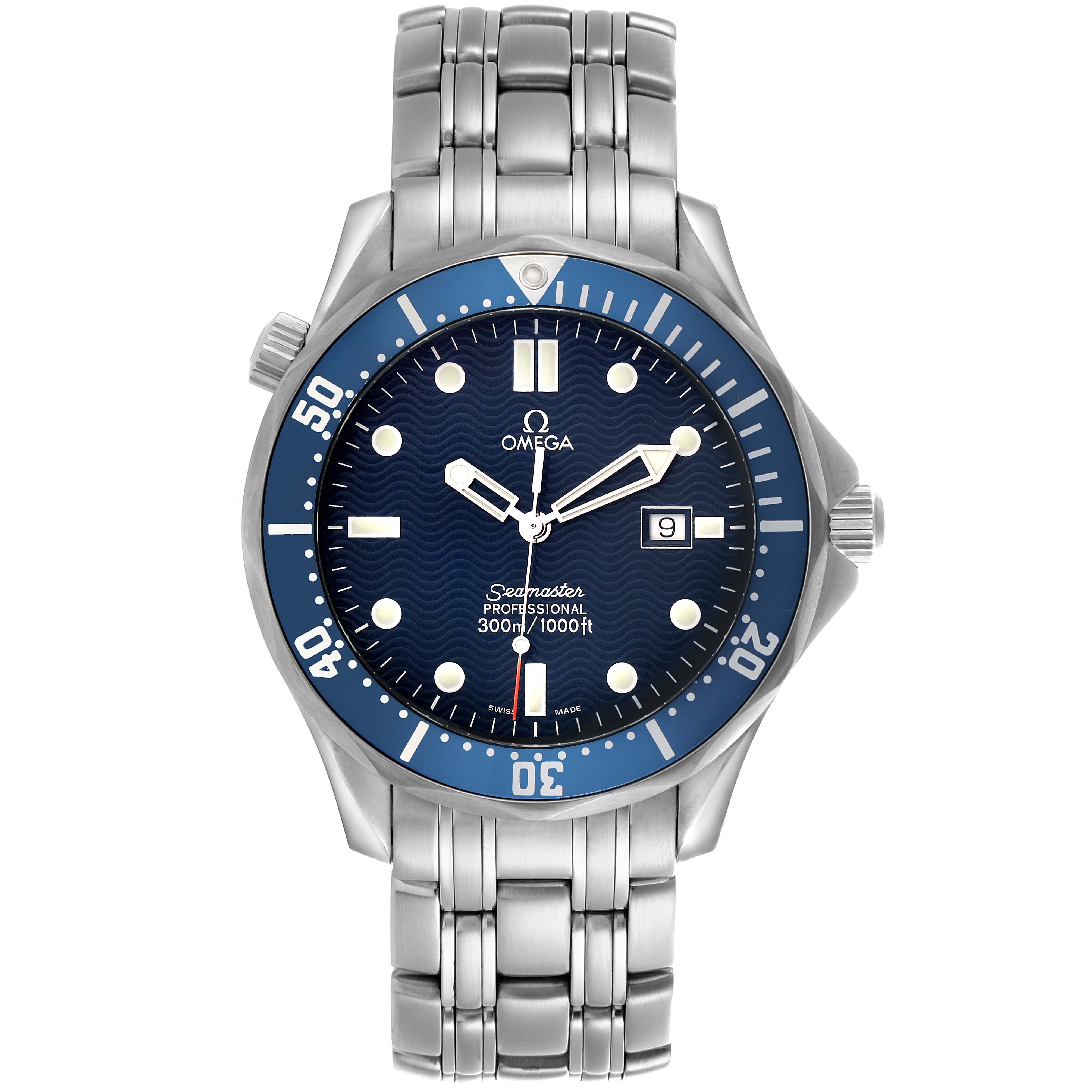 The Omega Seamaster 2541.80.00 Men's Stainless Steel Blue Dial 2541.80.00 Men's Stainless Steel Blue Dial watch is shown from a front view, highlighting the face, bezel, and metal bracelet.