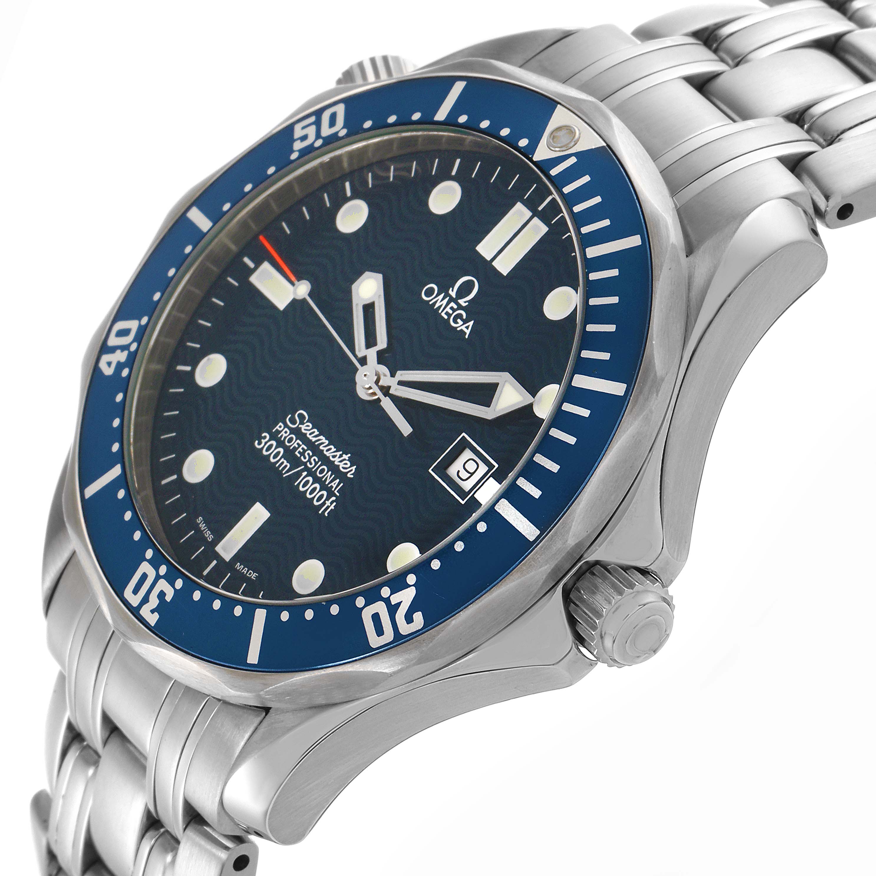 The Omega Seamaster 2541.80.00 Men's Stainless Steel Blue Dial 2541.80.00 Men's Stainless Steel Blue Dial watch is shown at an angle, displaying the dial, bezel, crown, and bracelet.
