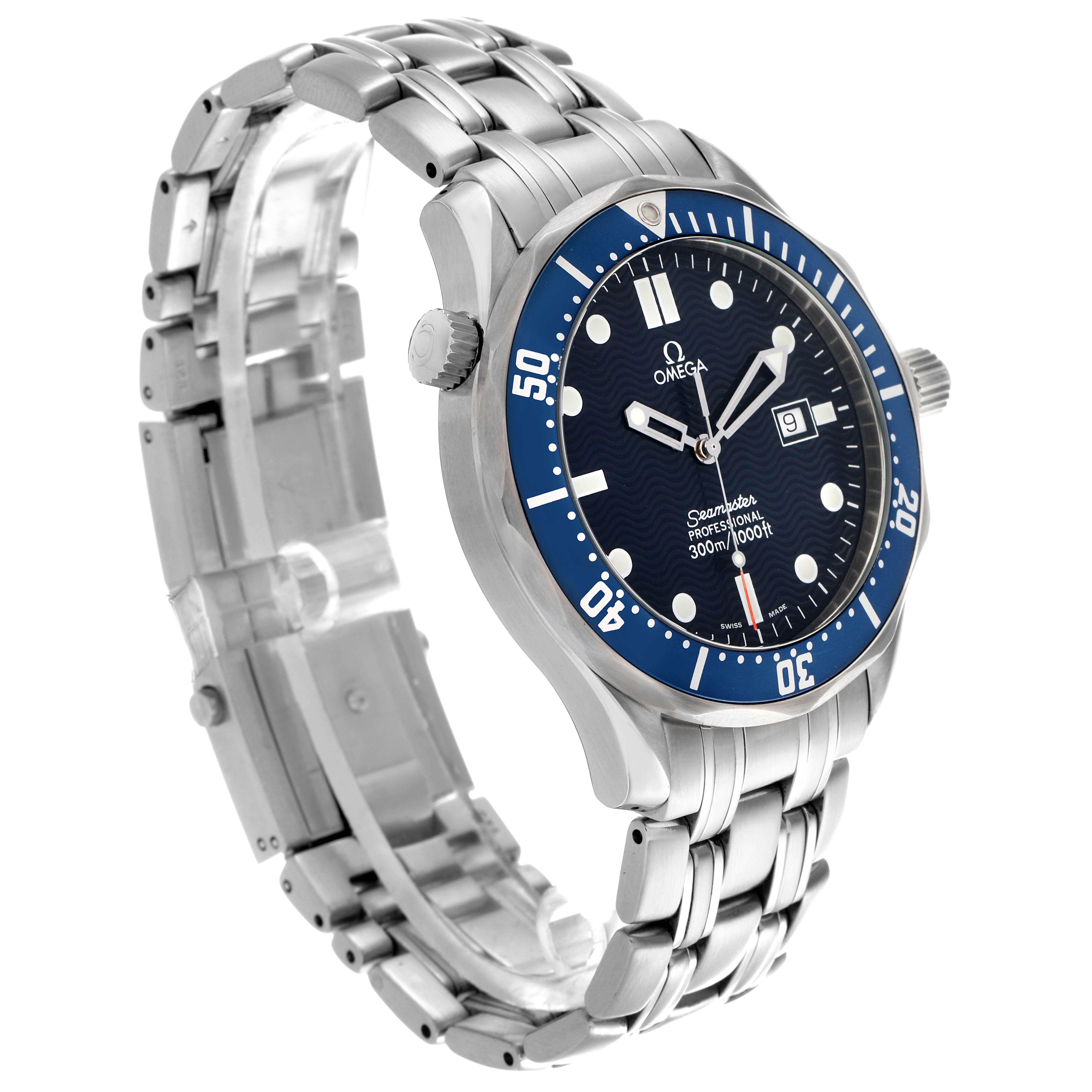 The Omega Seamaster 2541.80.00 Men's Stainless Steel Blue Dial 2541.80.00 Men's Stainless Steel Blue Dial watch is shown at a three-quarter angle, highlighting the face, bezel, crown, and stainless steel bracelet.