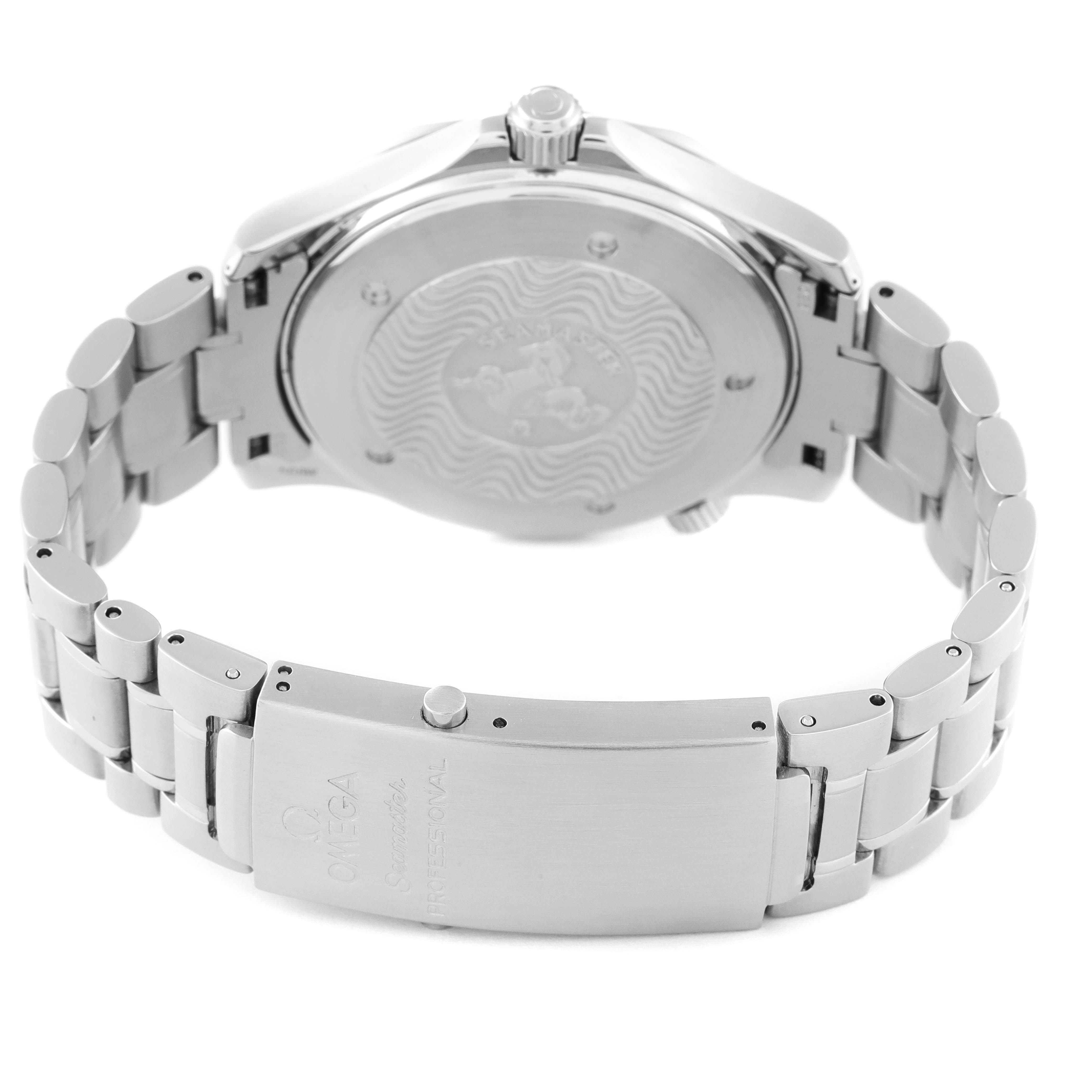 The image shows the caseback, bracelet, and clasp of the Omega Seamaster 2254.50.00 Men's Stainless Steel Black Dial 2254.50.00 Men's Stainless Steel Black Dial watch from a rear angle.