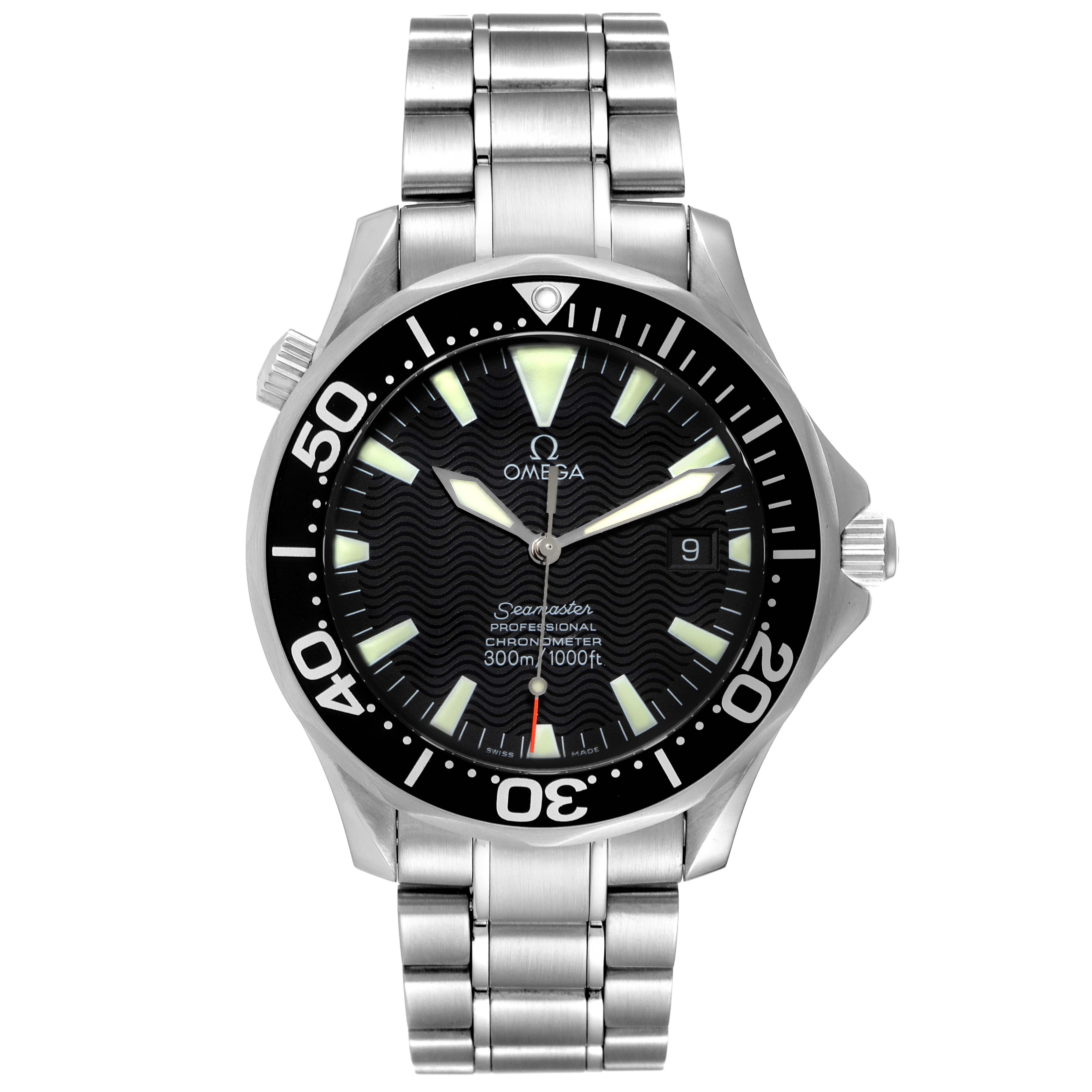 The image shows a front view of the Omega Seamaster 2254.50.00 Men's Stainless Steel Black Dial 2254.50.00 Men's Stainless Steel Black Dial watch, featuring its dial, bezel, bracelet, and crown.