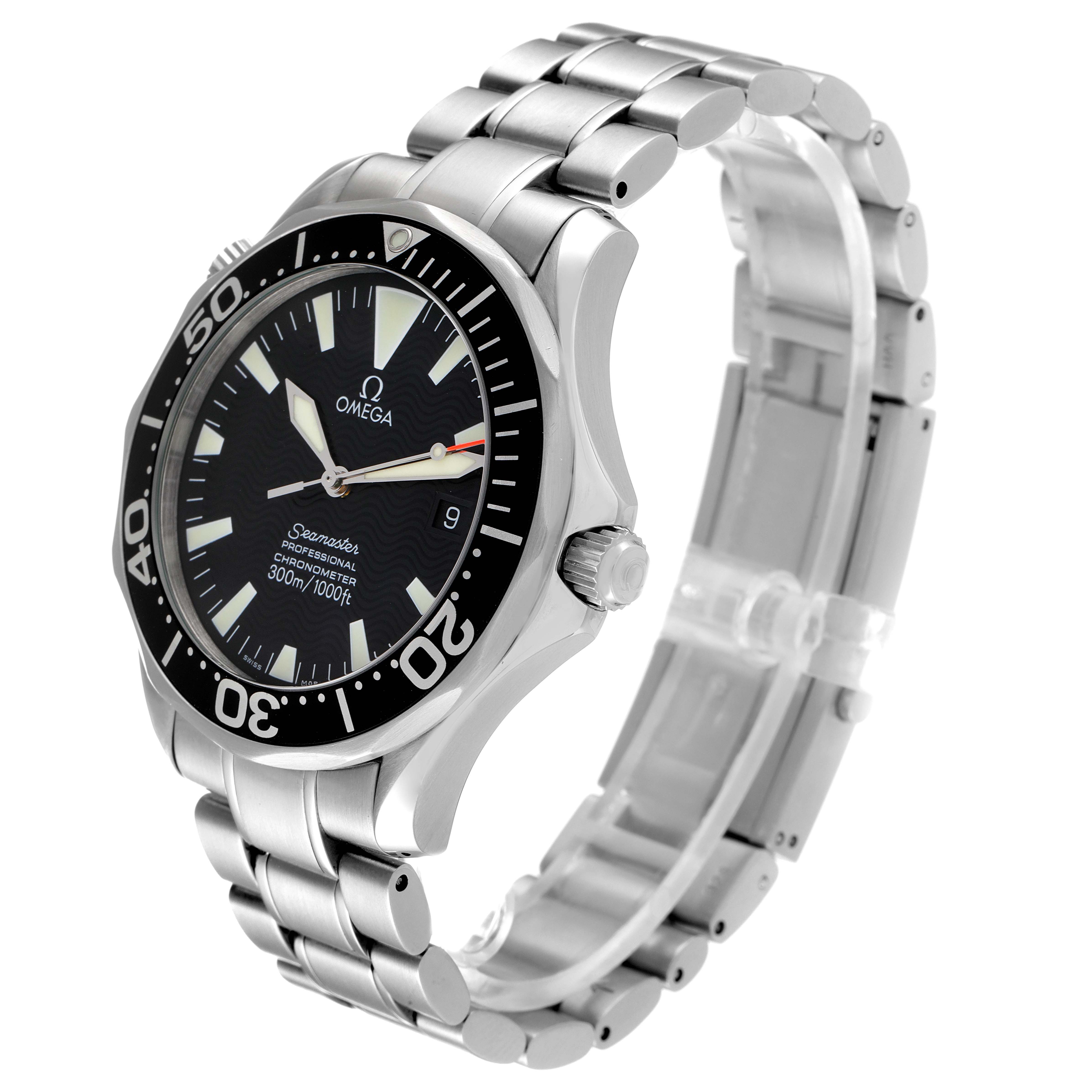 The Omega Seamaster 2254.50.00 Men's Stainless Steel Black Dial 2254.50.00 Men's Stainless Steel Black Dial watch is shown at a slight angle, highlighting the face, bezel, crown, and bracelet.