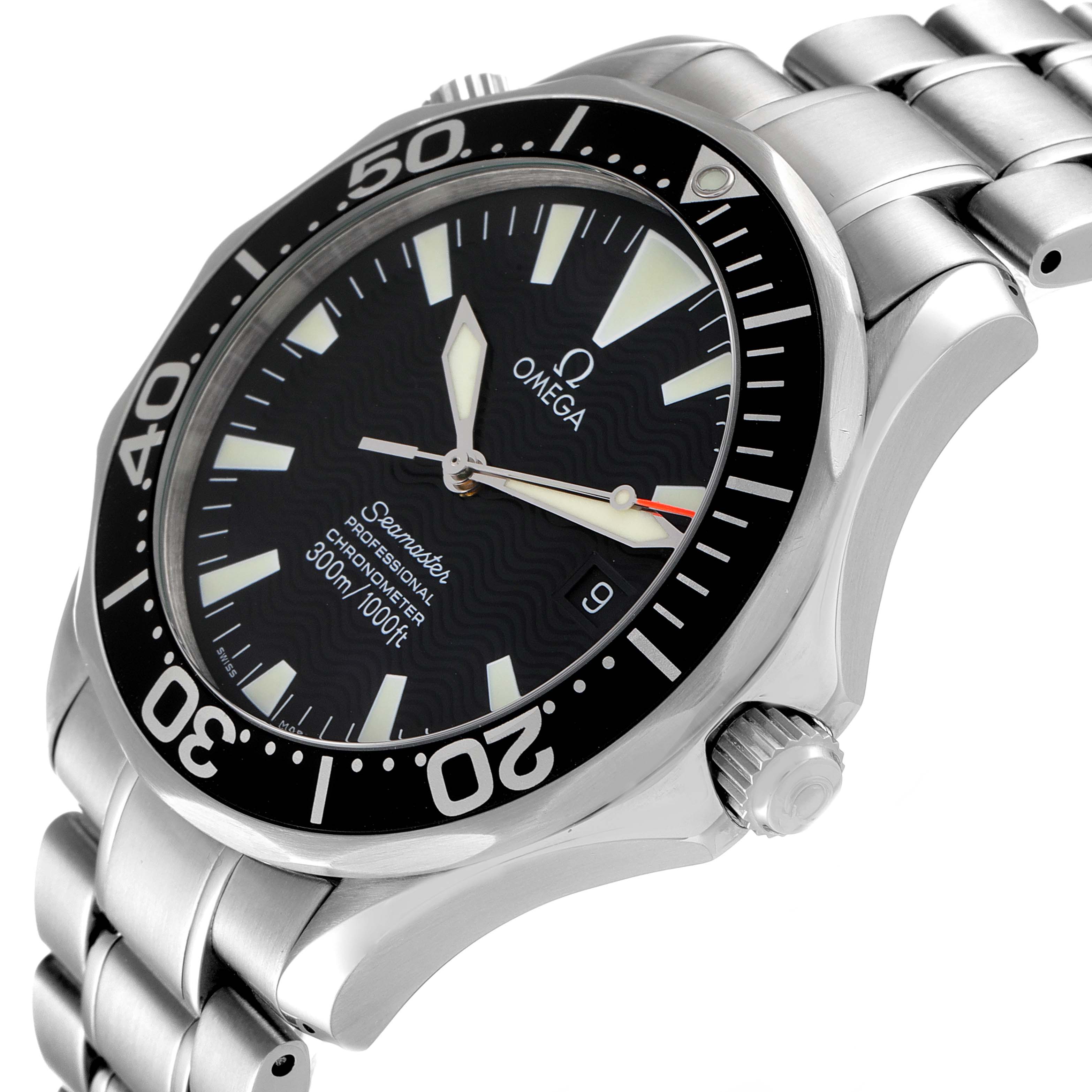 The Omega Seamaster 2254.50.00 Men's Stainless Steel Black Dial 2254.50.00 Men's Stainless Steel Black Dial watch is shown from a three-quarter angle, highlighting the dial, bezel, crown, and metal bracelet.