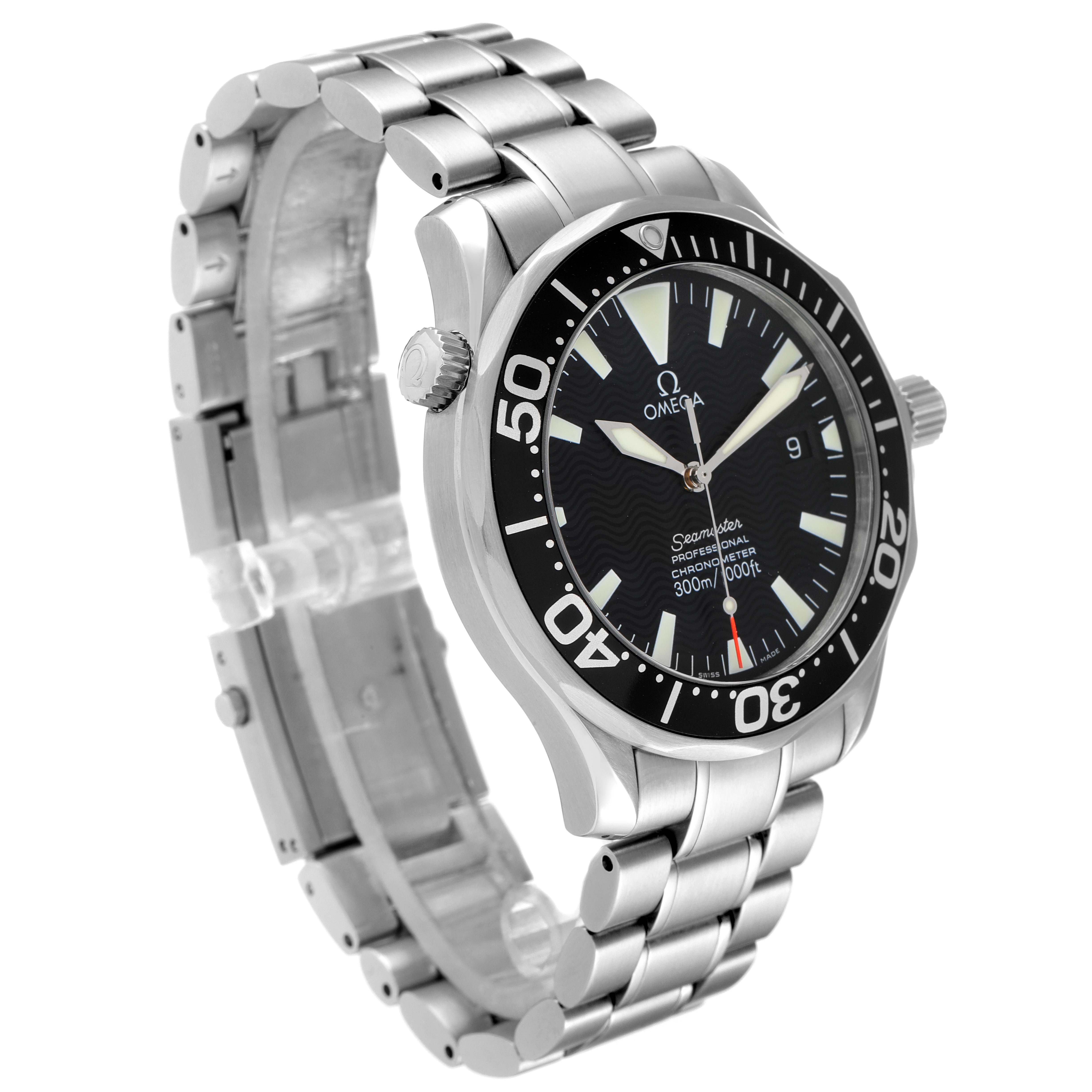 The Omega Seamaster 2254.50.00 Men's Stainless Steel Black Dial 2254.50.00 Men's Stainless Steel Black Dial watch is shown at a three-quarter angle, highlighting the bracelet and face.