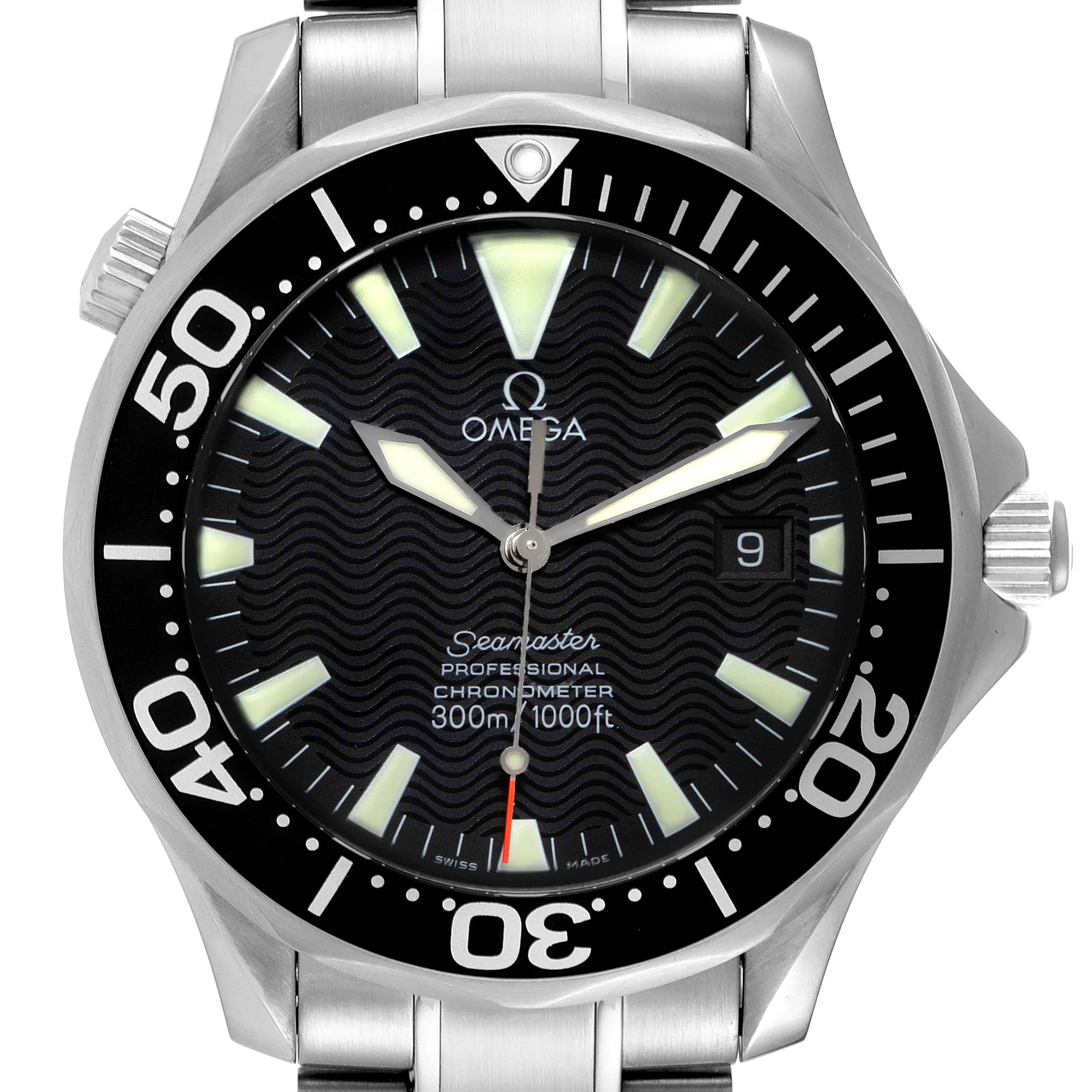 The image shows a front view of the Omega Seamaster 2254.50.00 Men's Stainless Steel Black Dial 2254.50.00 Men's Stainless Steel Black Dial watch, highlighting the dial, hands, bezel, and part of the bracelet.