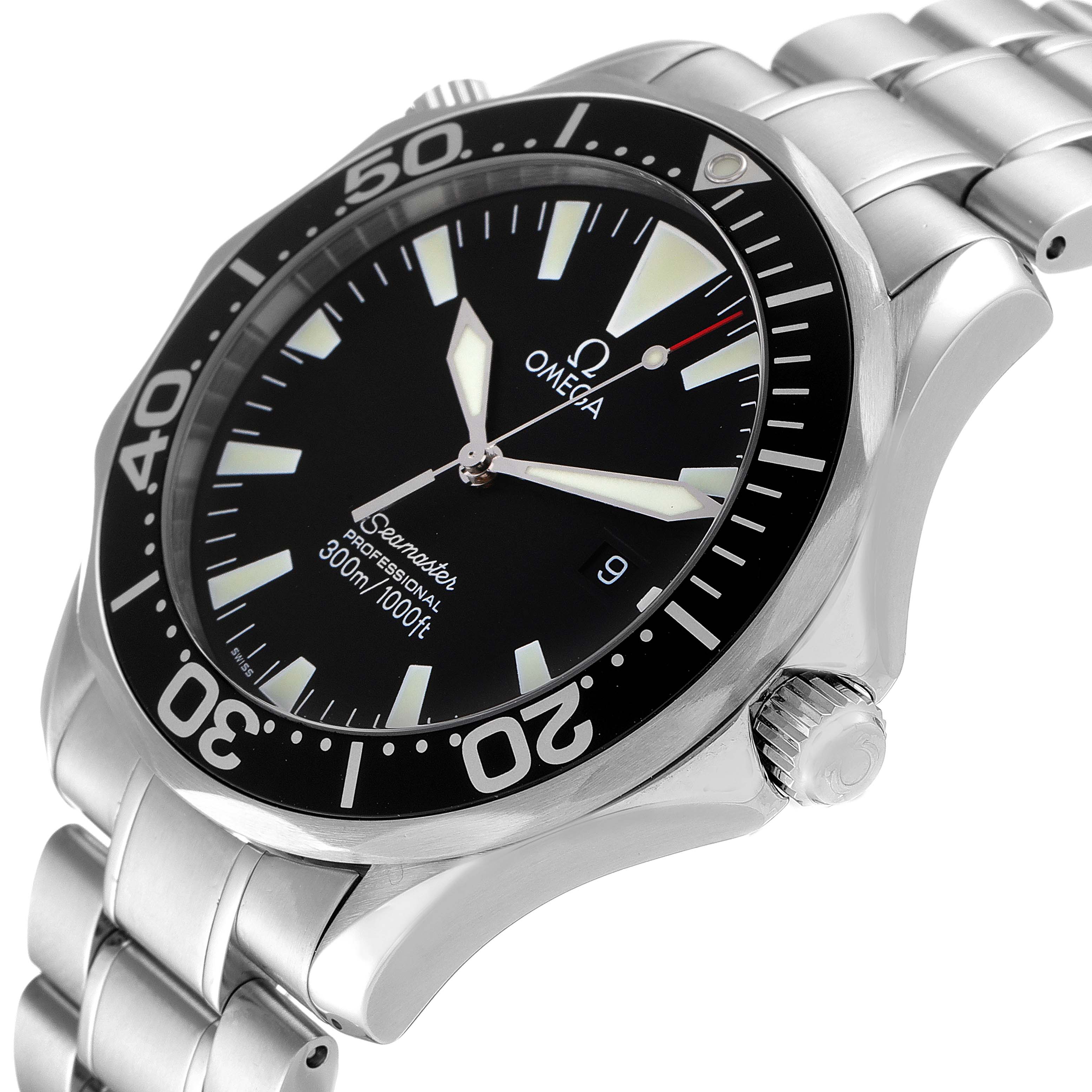 The Omega Seamaster 2264.50.00 Men's Stainless Steel Black Dial 2264.50.00 Men's Stainless Steel Black Dial watch is shown at an angle highlighting the black dial, bezel, crown, and stainless steel bracelet.