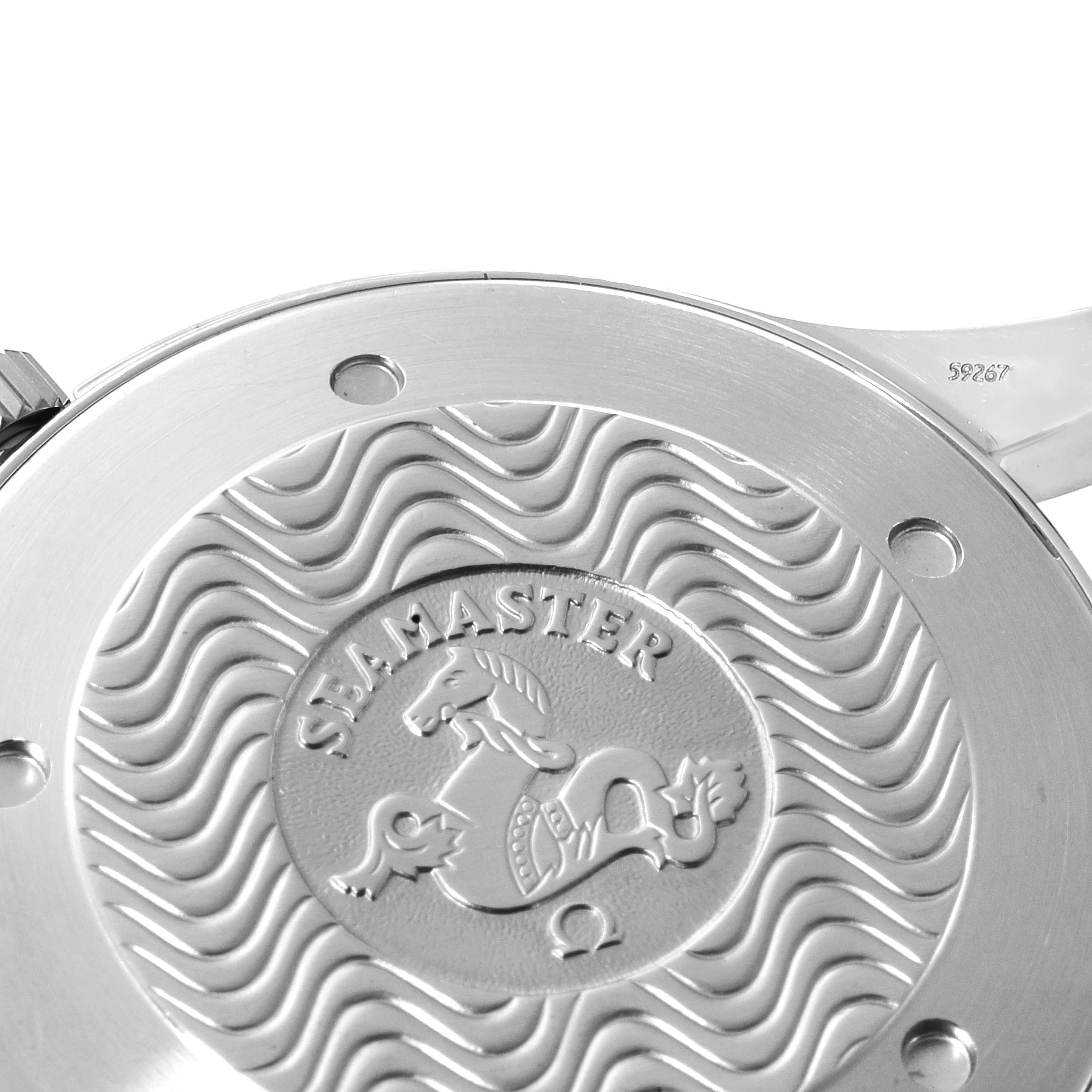 The image shows the back case of an Omega Seamaster 2264.50.00 Men's Stainless Steel Black Dial 2264.50.00 Men's Stainless Steel Black Dial watch with its engraved emblem and wave pattern design.