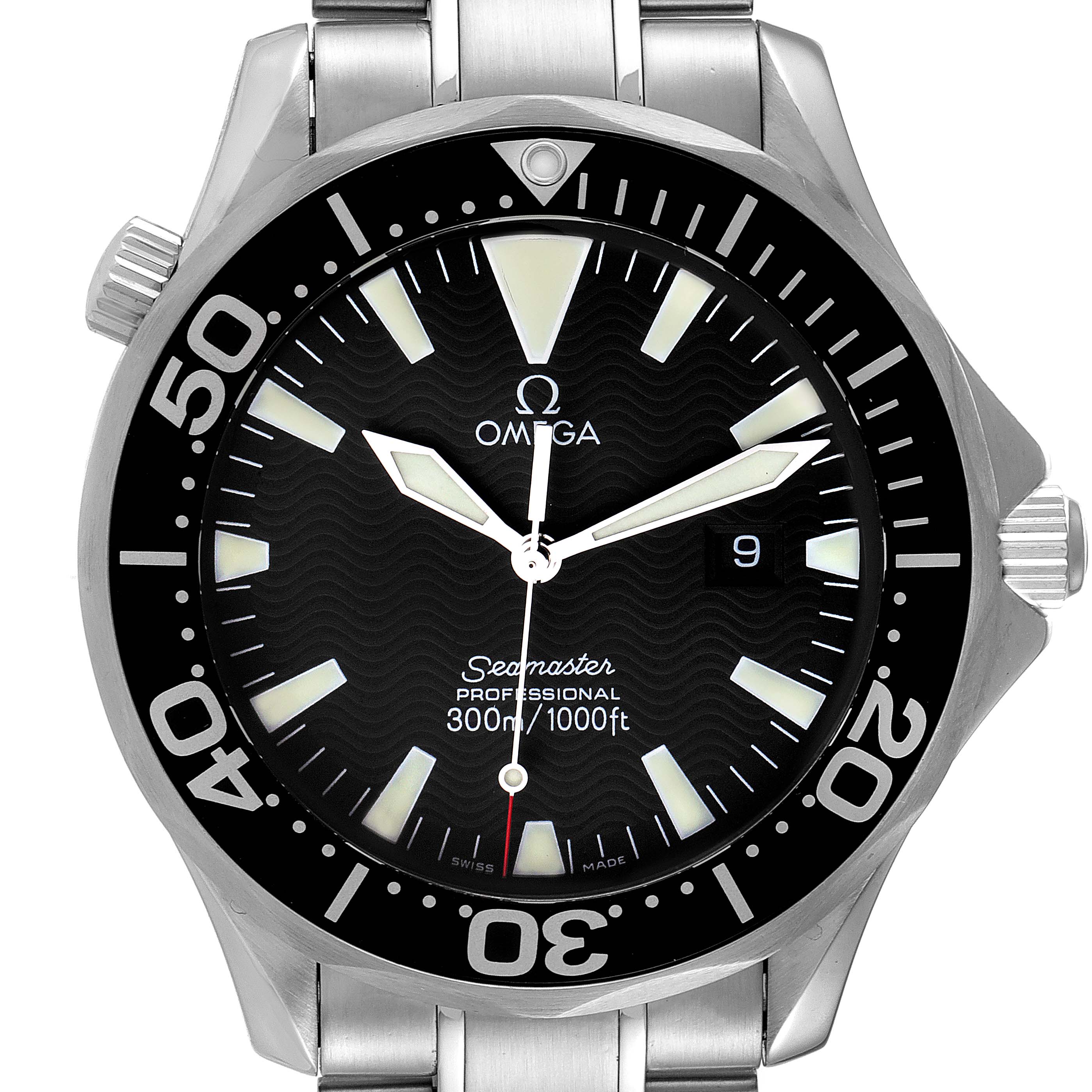 The image shows a front view of the Omega Seamaster 2264.50.00 Men's Stainless Steel Black Dial 2264.50.00 Men's Stainless Steel Black Dial watch displaying its face, bezel, and part of the bracelet.