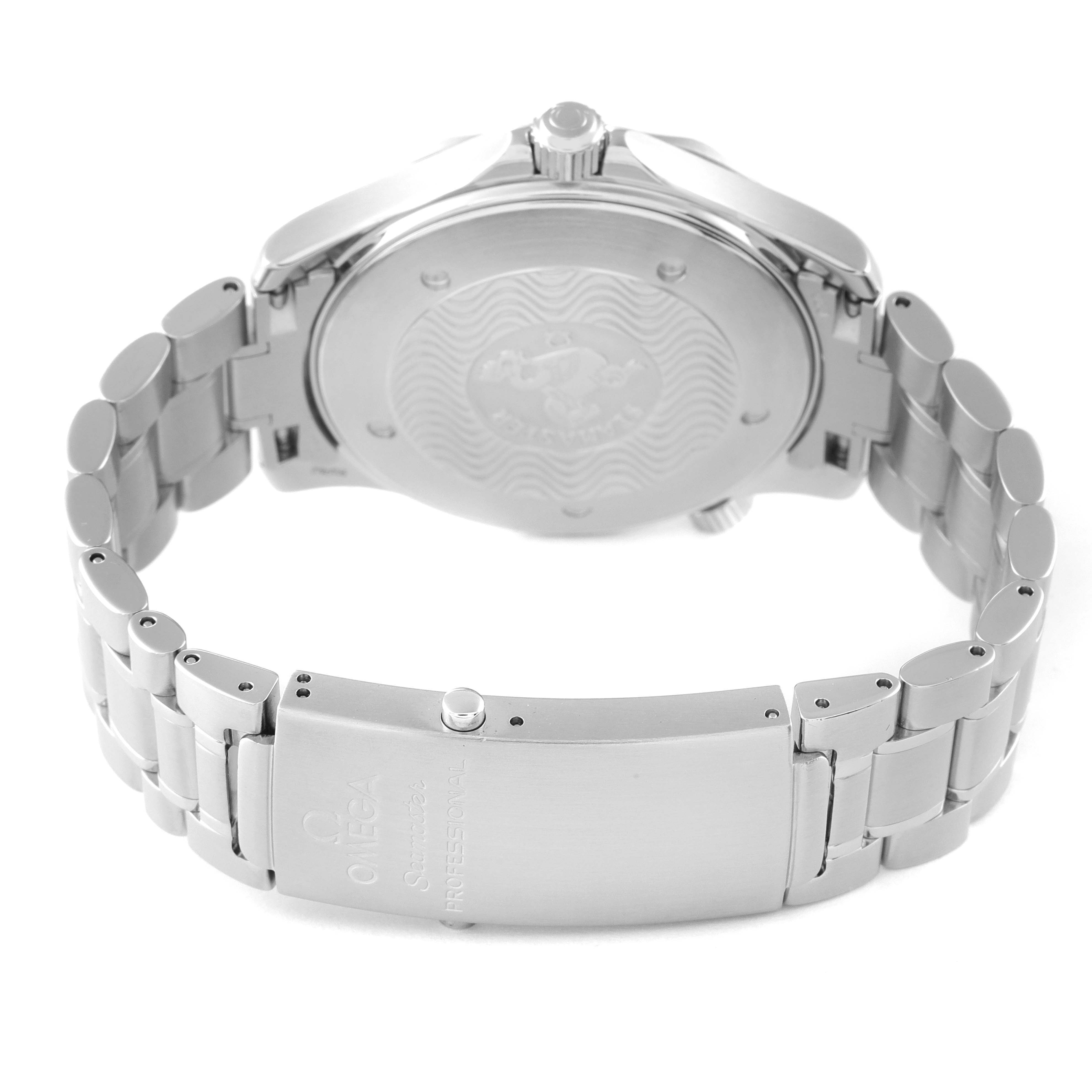 The image shows the back view of an Omega Seamaster 2264.50.00 Men's Stainless Steel Black Dial 2264.50.00 Men's Stainless Steel Black Dial watch, highlighting the case back and bracelet clasp.