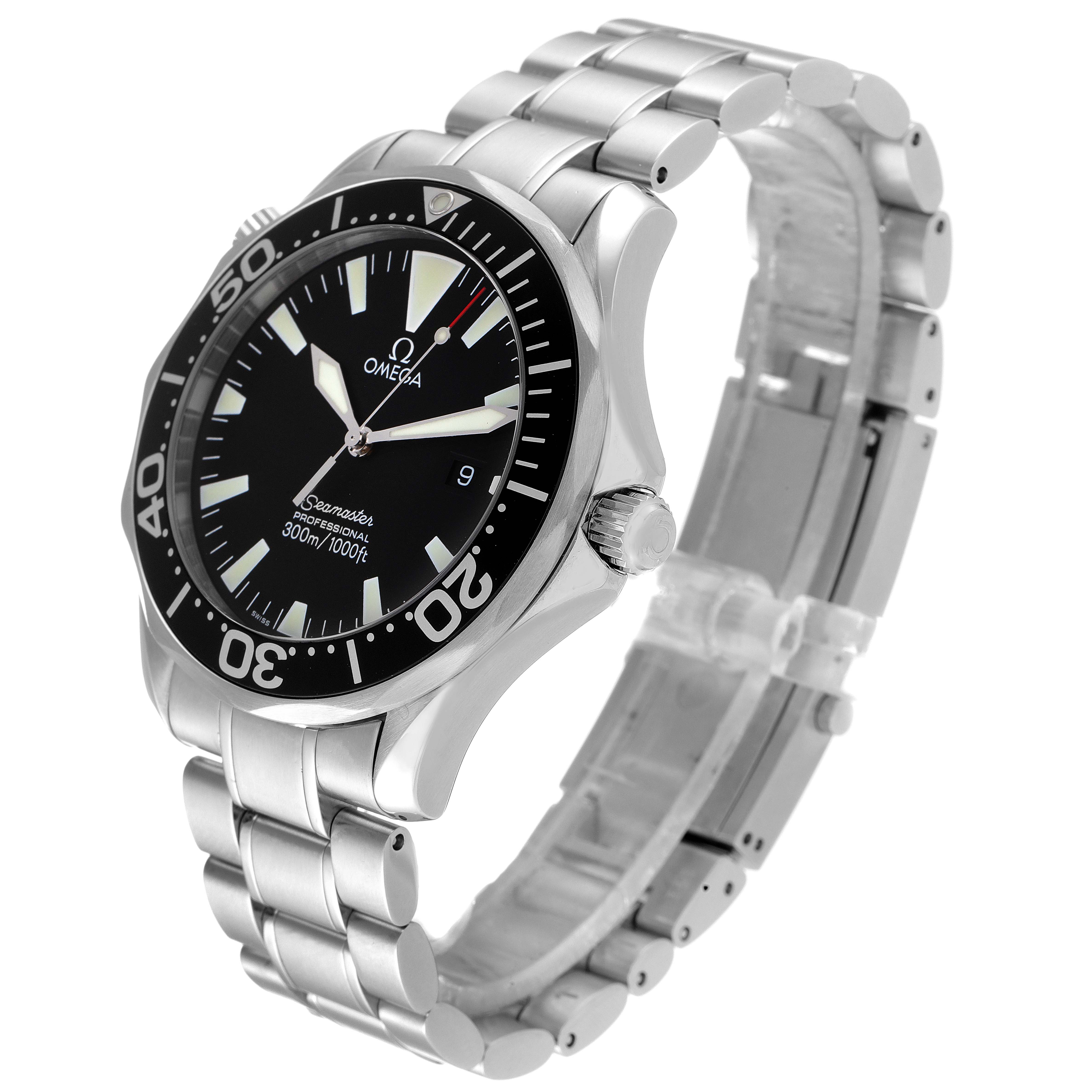 The image shows a side and front angle of an Omega Seamaster 2264.50.00 Men's Stainless Steel Black Dial 2264.50.00 Men's Stainless Steel Black Dial watch, highlighting the dial, bezel, crown, and bracelet.