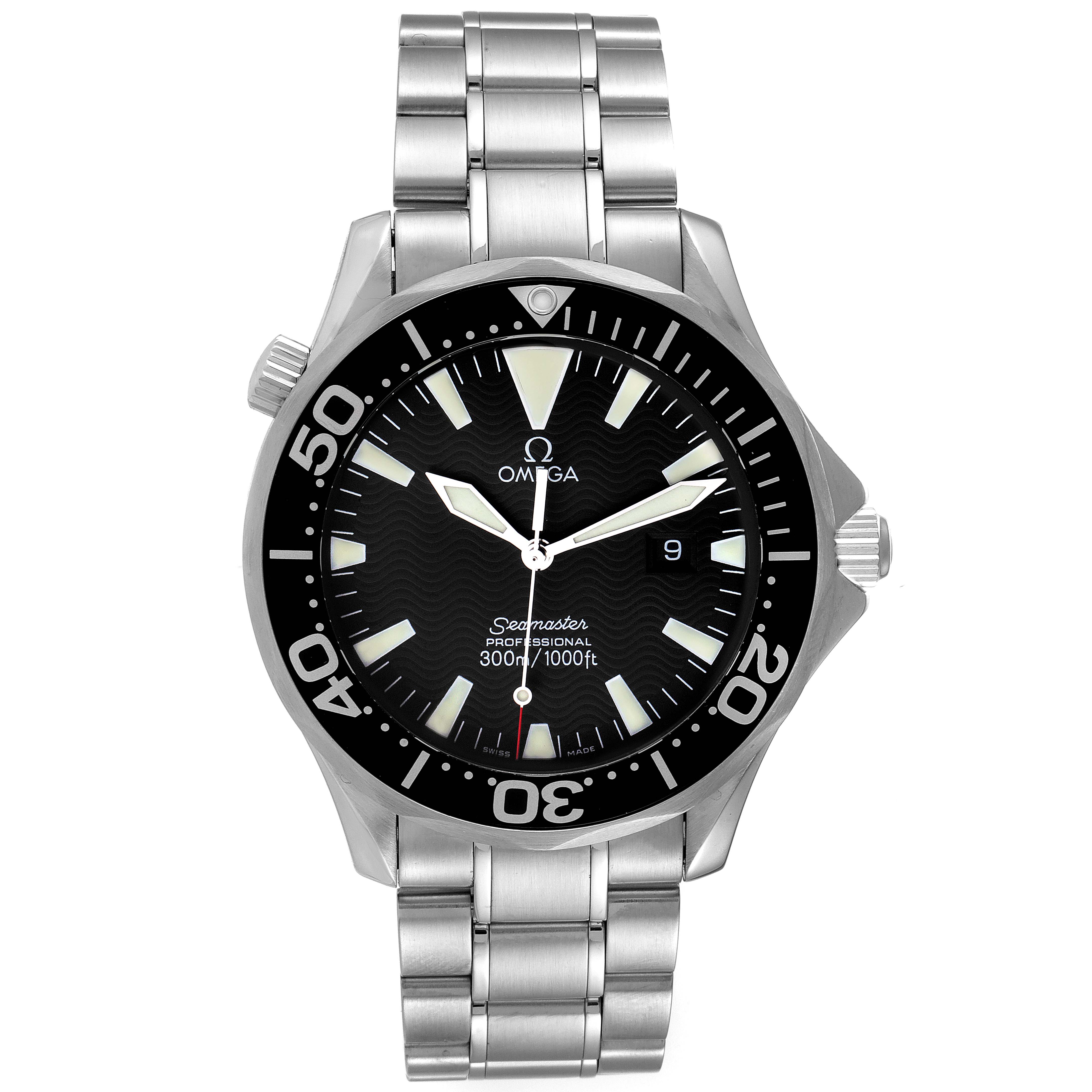 This image shows a front view of an Omega Seamaster 2264.50.00 Men's Stainless Steel Black Dial 2264.50.00 Men's Stainless Steel Black Dial watch, displaying its face, bezel, and stainless steel bracelet.