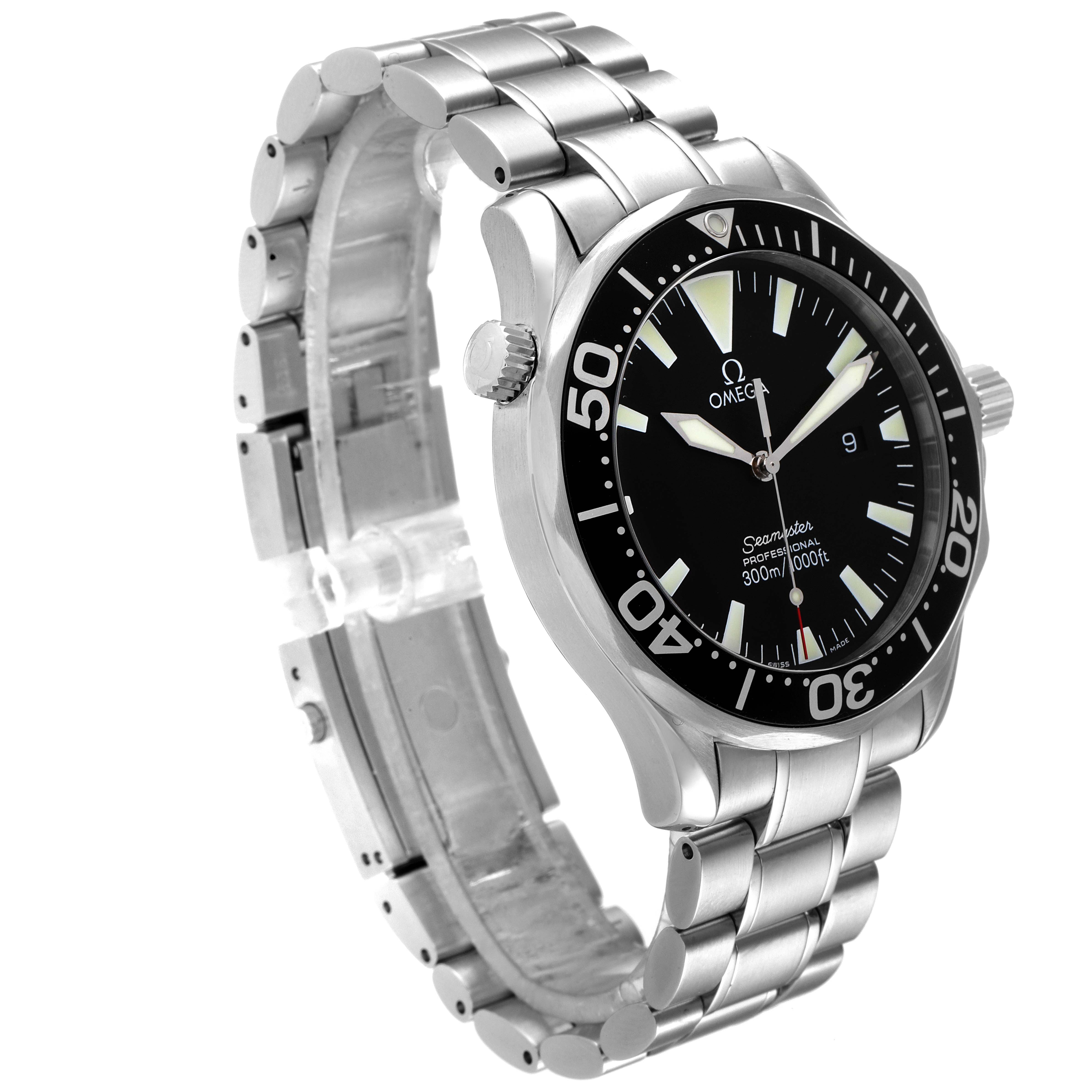 The image shows an Omega Seamaster 2264.50.00 Men's Stainless Steel Black Dial 2264.50.00 Men's Stainless Steel Black Dial watch from a front three-quarter angle, displaying its dial, bezel, and metal bracelet.