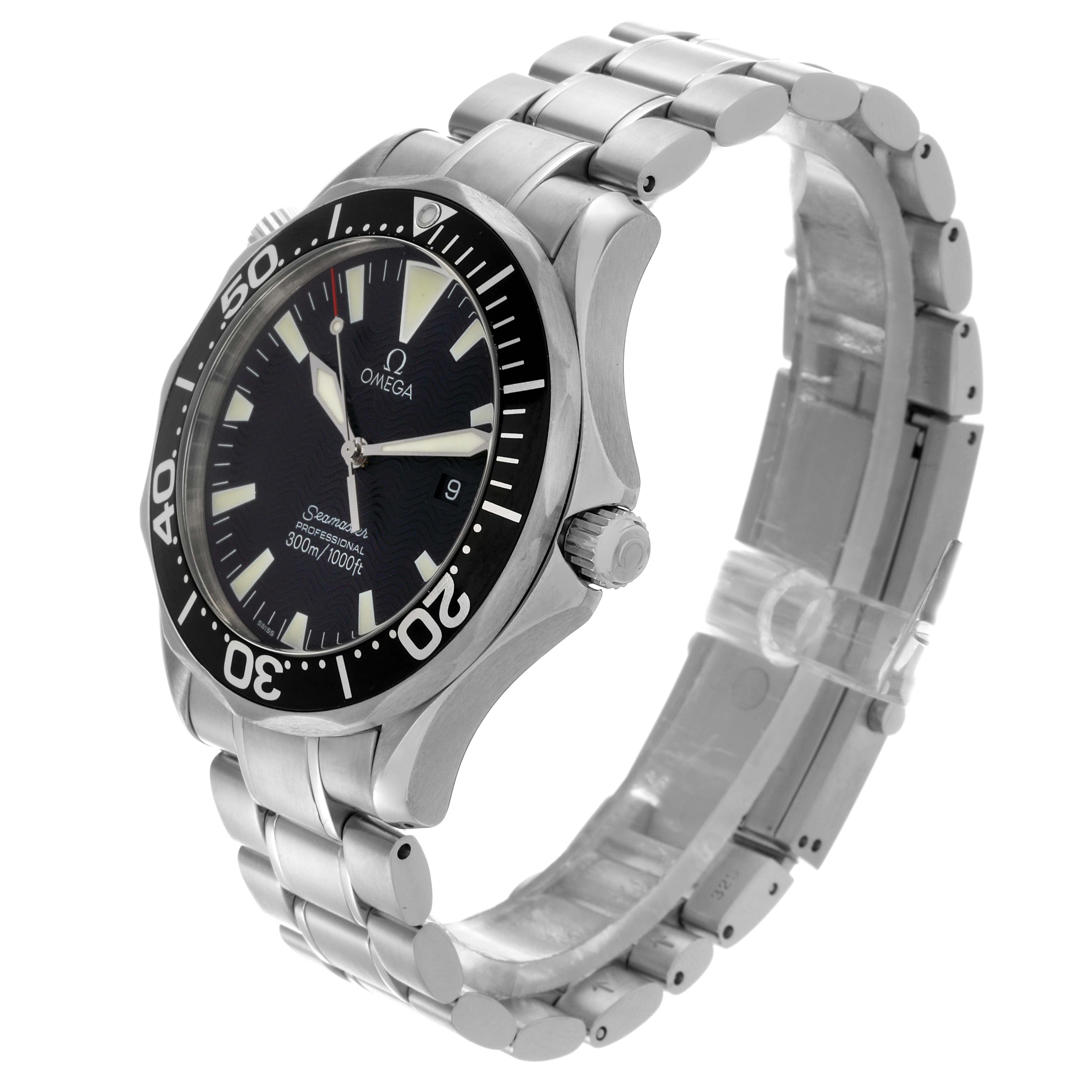 The Omega Seamaster 2264.50.00 Men's Stainless Steel Black Dial 2264.50.00 Men's Stainless Steel Black Dial watch is shown at a three-quarter angle highlighting the face, bezel, crown, and bracelet.