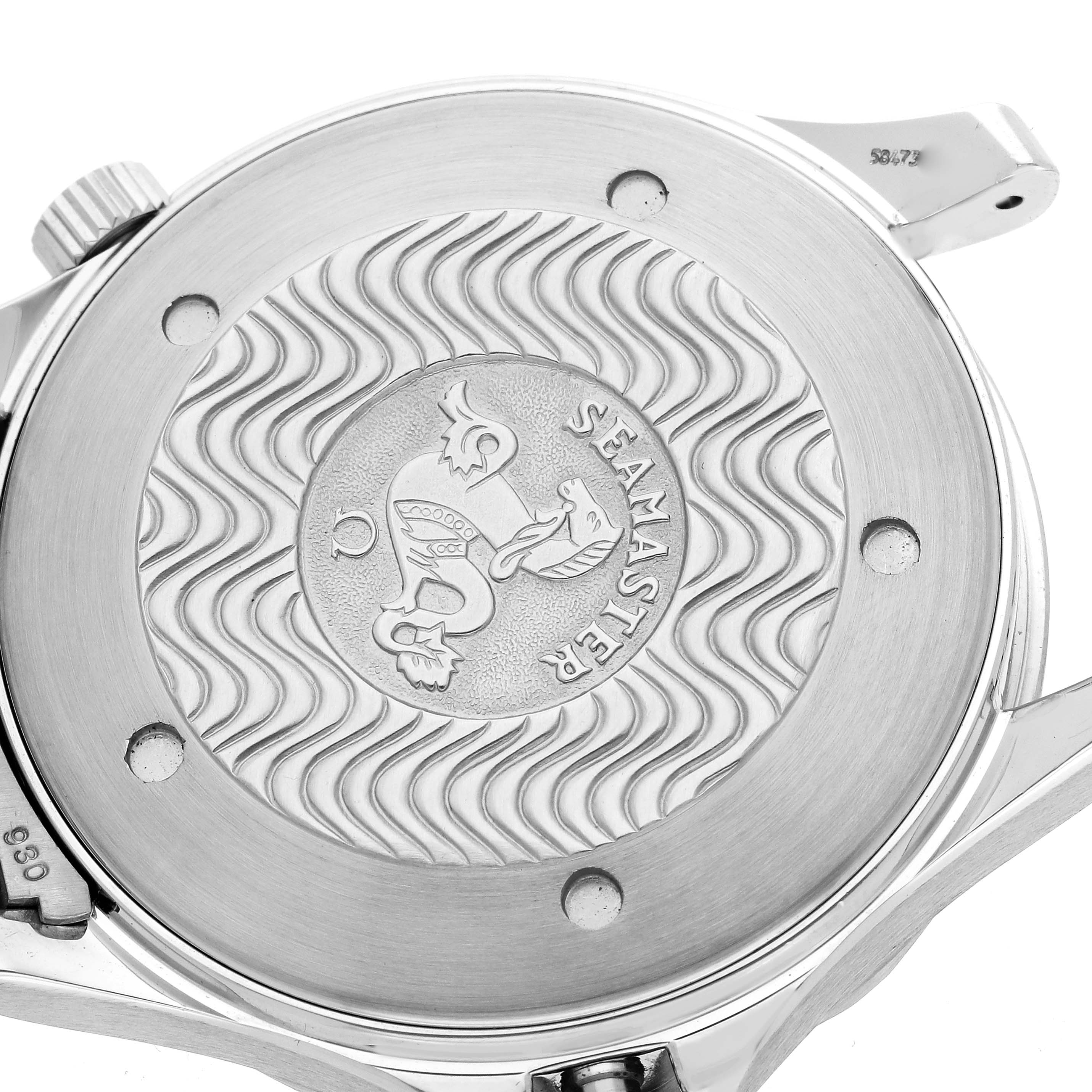 The image shows the case back of an Omega Seamaster 2264.50.00 Men's Stainless Steel Black Dial 2264.50.00 Men's Stainless Steel Black Dial watch, featuring an embossed logo and wave pattern design.