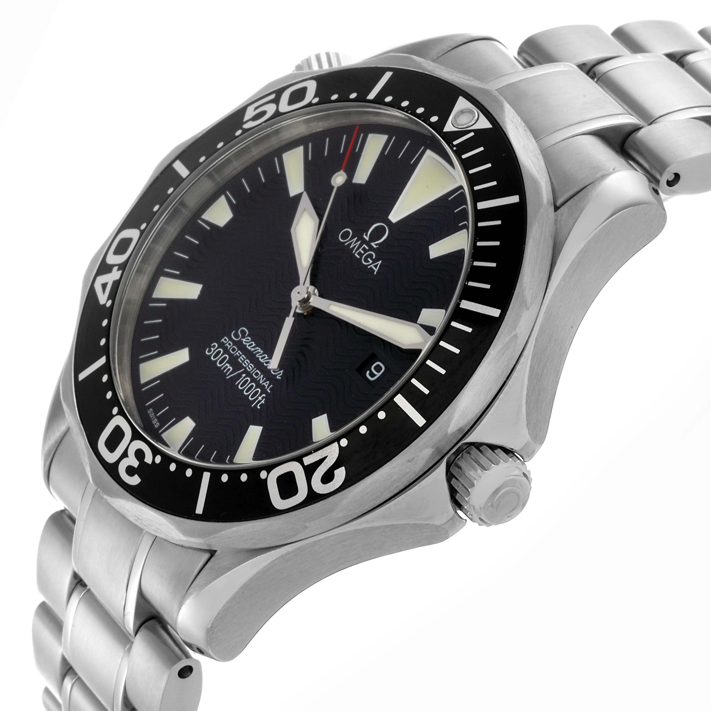 The Omega Seamaster 2264.50.00 Men's Stainless Steel Black Dial 2264.50.00 Men's Stainless Steel Black Dial watch is shown at an angled view, highlighting the dial, bezel, crown, and stainless steel bracelet.
