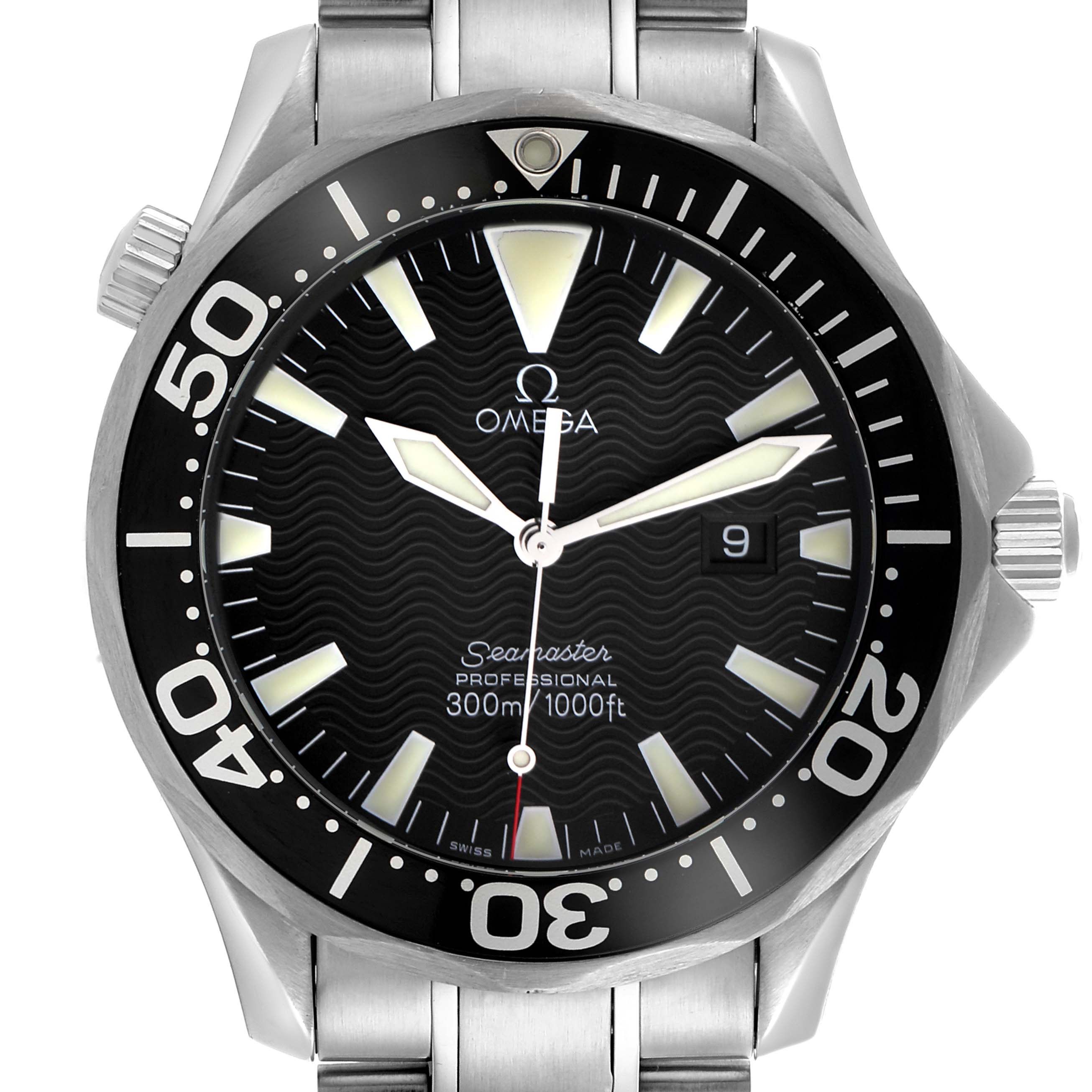 The Omega Seamaster 2264.50.00 Men's Stainless Steel Black Dial 2264.50.00 Men's Stainless Steel Black Dial watch is shown from a front angle, highlighting its bezel, dial, and bracelet.