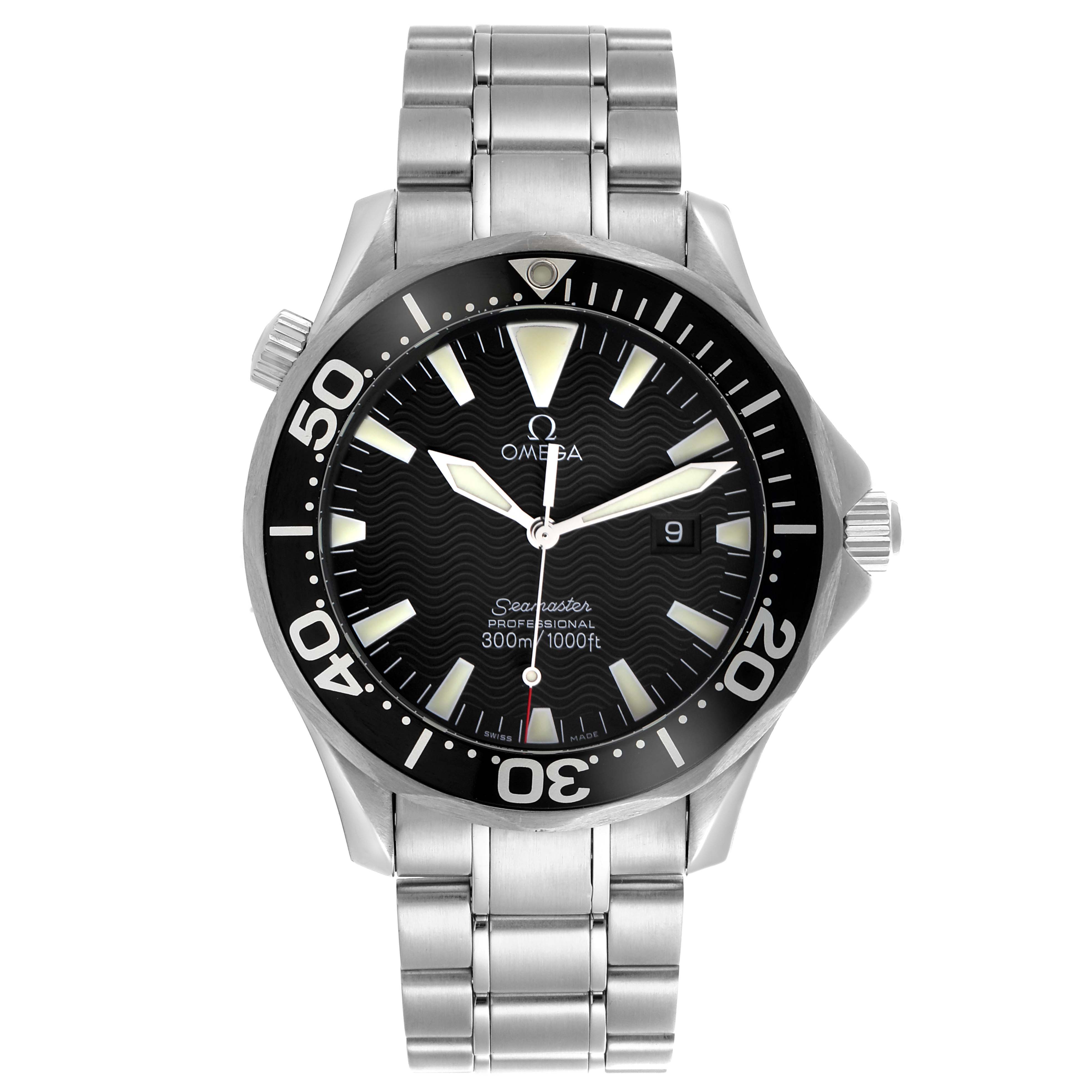 The Omega Seamaster 2264.50.00 Men's Stainless Steel Black Dial 2264.50.00 Men's Stainless Steel Black Dial watch is shown from a front angle, highlighting its bezel, dial, and metal bracelet.