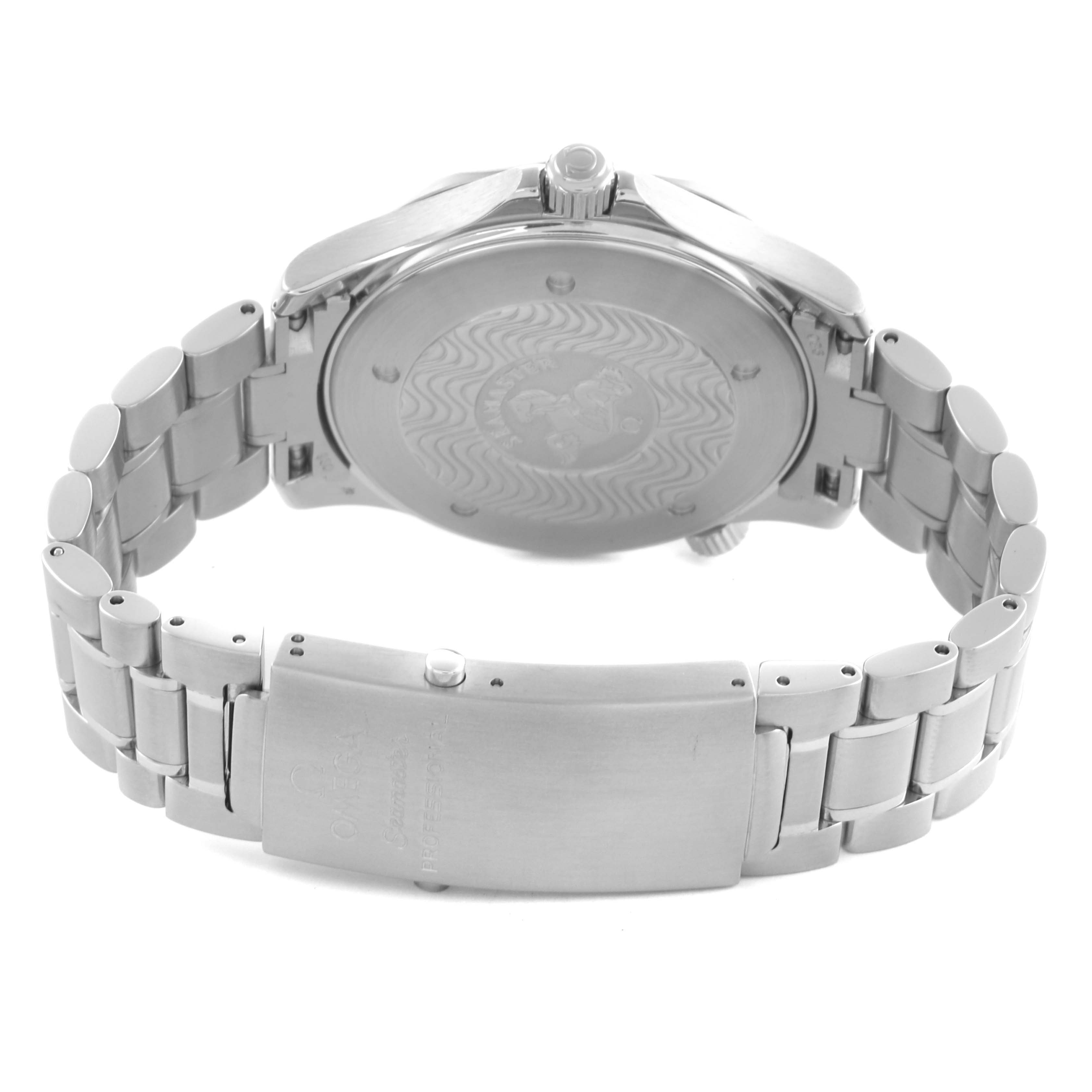 The image shows the back view of an Omega Seamaster 2264.50.00 Men's Stainless Steel Black Dial 2264.50.00 Men's Stainless Steel Black Dial watch, highlighting the clasp and case back.