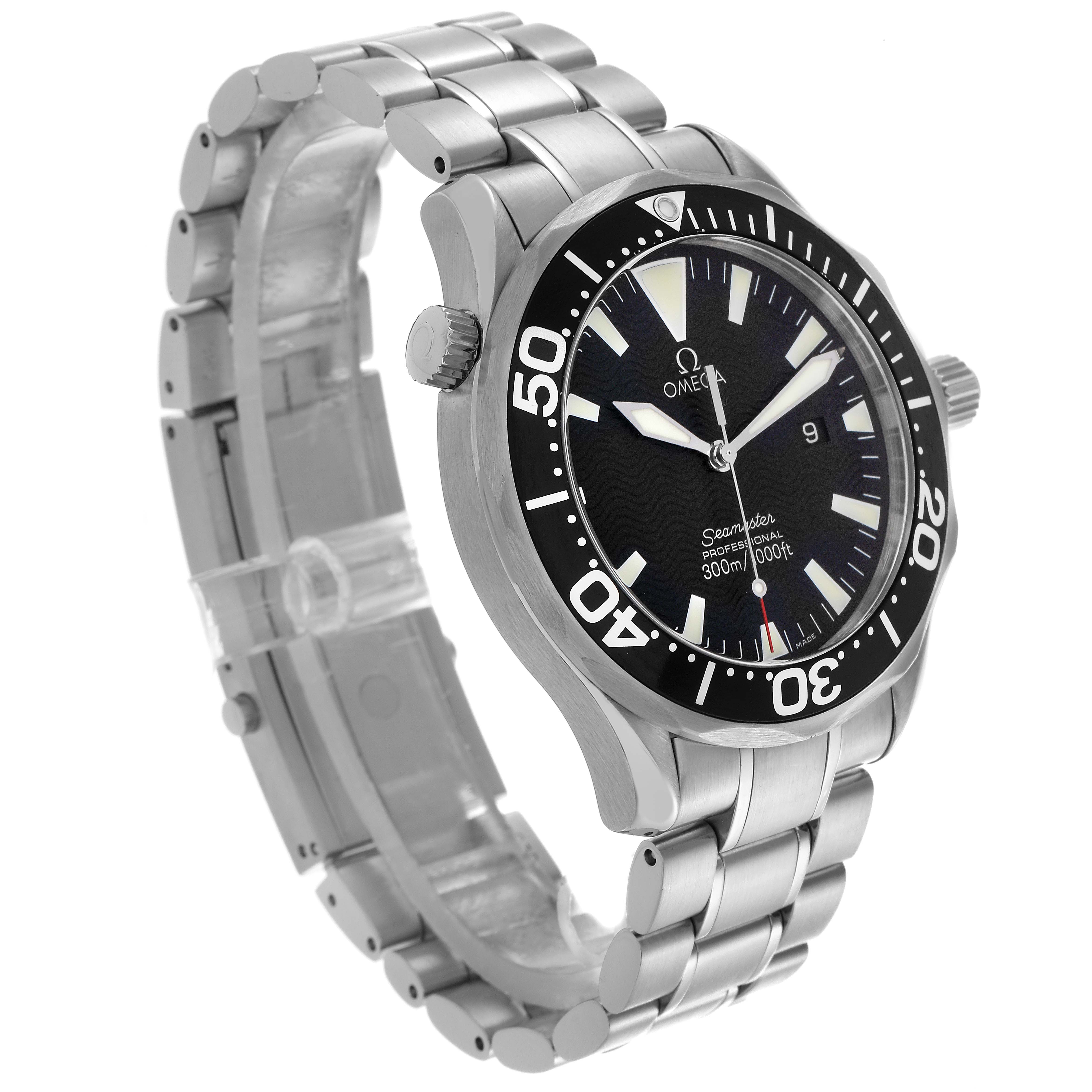 The Omega Seamaster 2264.50.00 Men's Stainless Steel Black Dial 2264.50.00 Men's Stainless Steel Black Dial watch is shown at a slight angle displaying the face, bezel, and part of the bracelet.