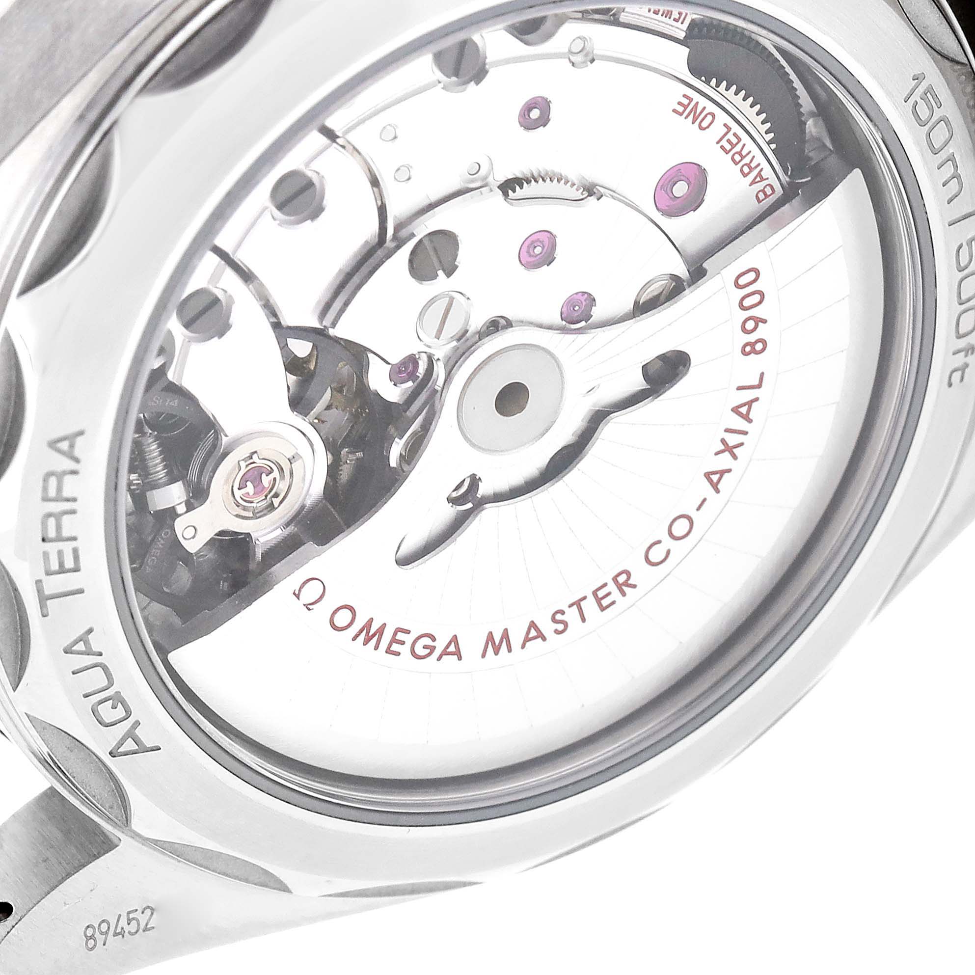 The image shows the back view of an Omega Aqua Terra 220.10.41.21.03.001 Men's Stainless Steel Blue Dial 220.10.41.21.03.001 Men's Stainless Steel Blue Dial watch, highlighting the intricate mechanics of the Master Co-Axial 8900 movement.